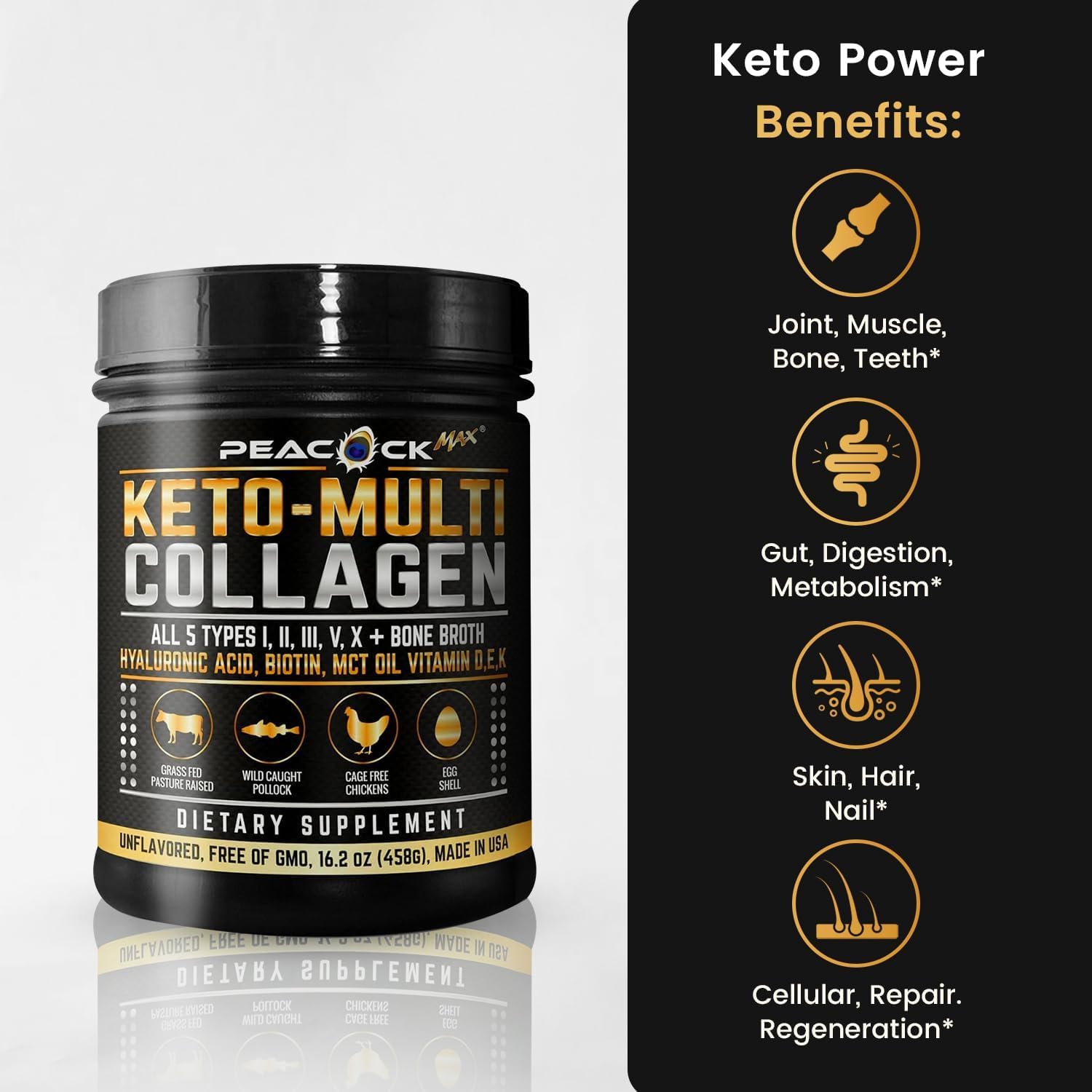 Poudre non aromatisée Peacock Max Keto Multi Collagen Peptides, idéale dans smoothies.
