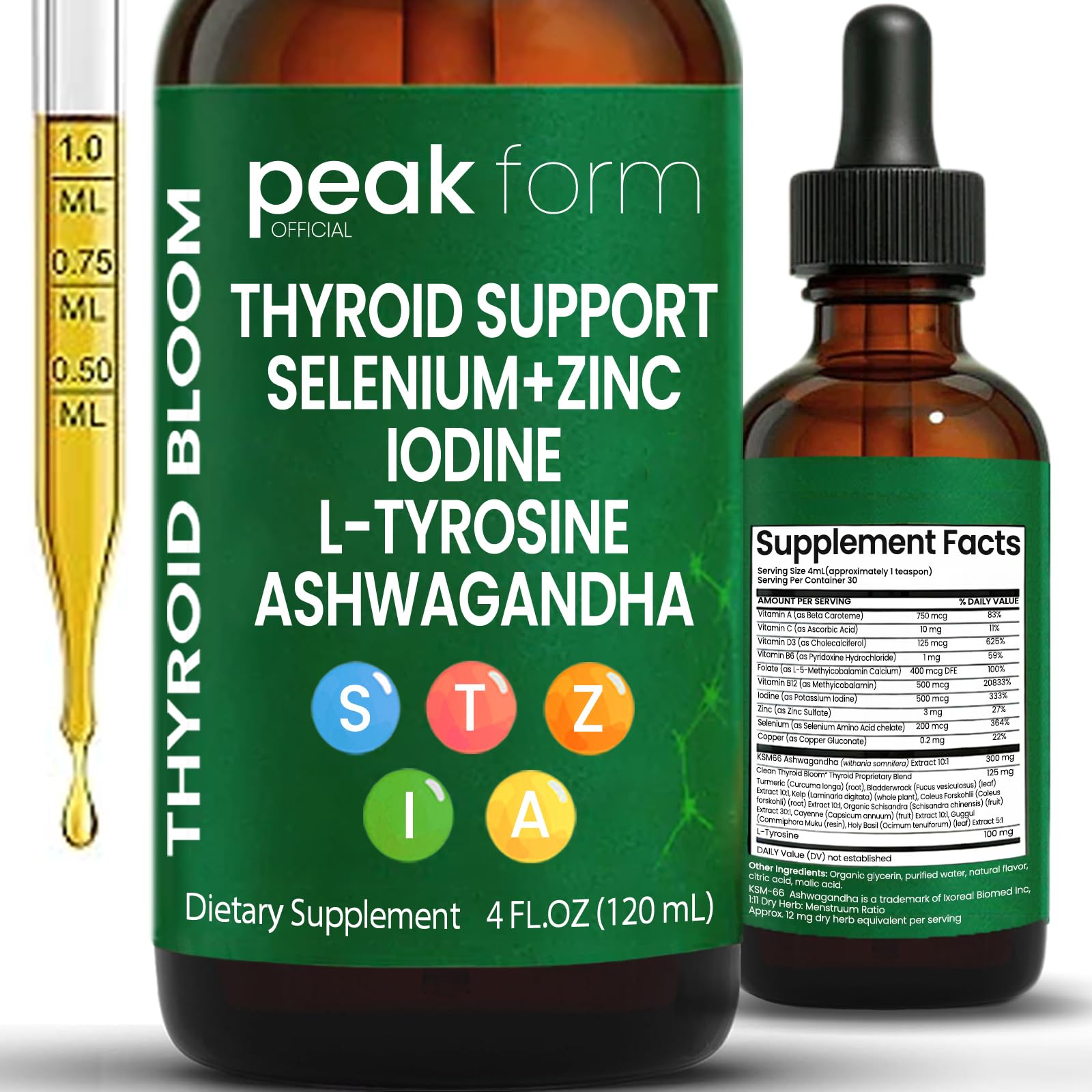 Gouttes Peak Form Official dans une bouteille pour le soutien thyroïdien potentiel.