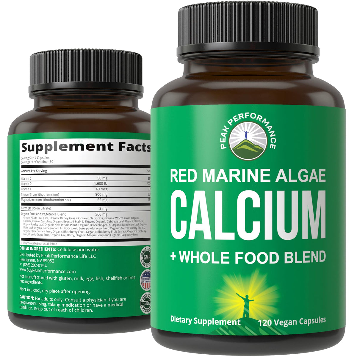 Peak Performance Calcium Algue Rouge – bouteille, source végétale pour des os et articulations saines.
