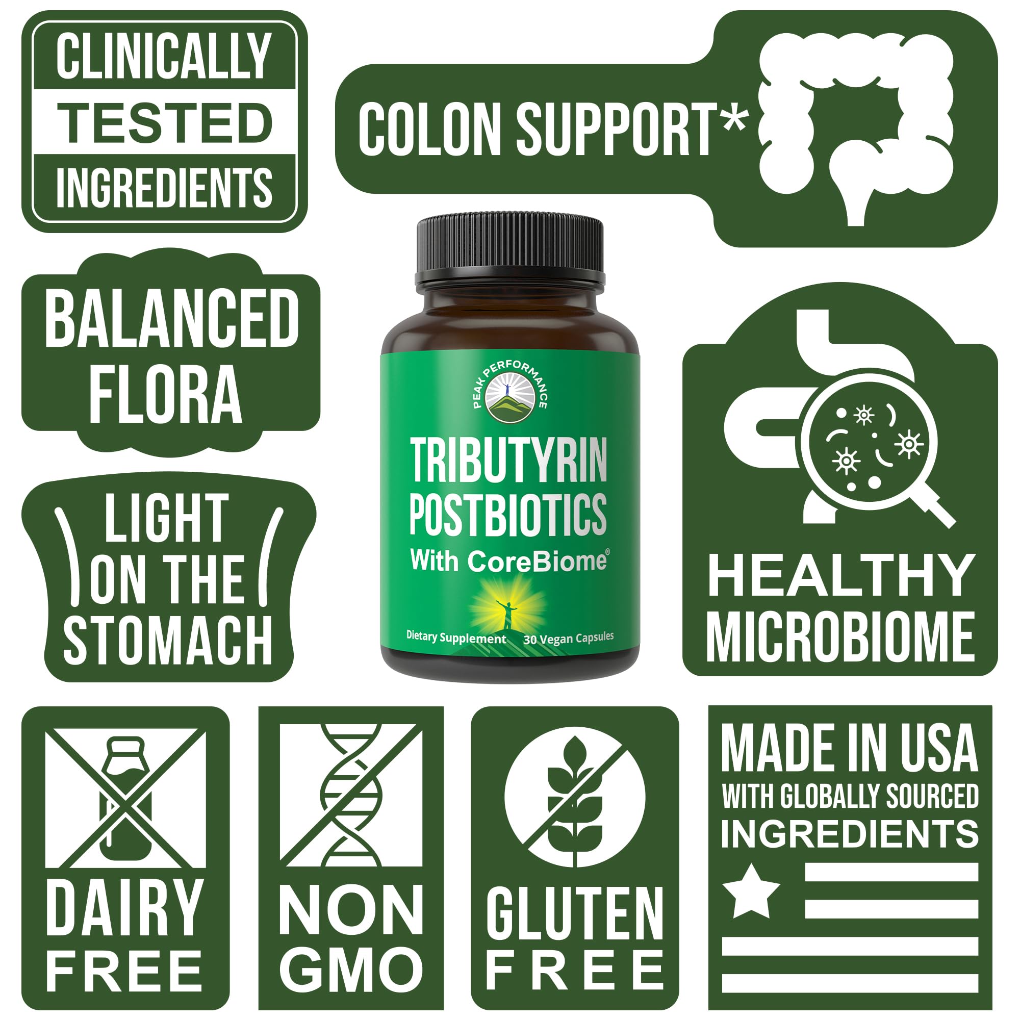 Peak Performance CoreBiome Tributyrin: art montrant un microbiome sain et equilibre