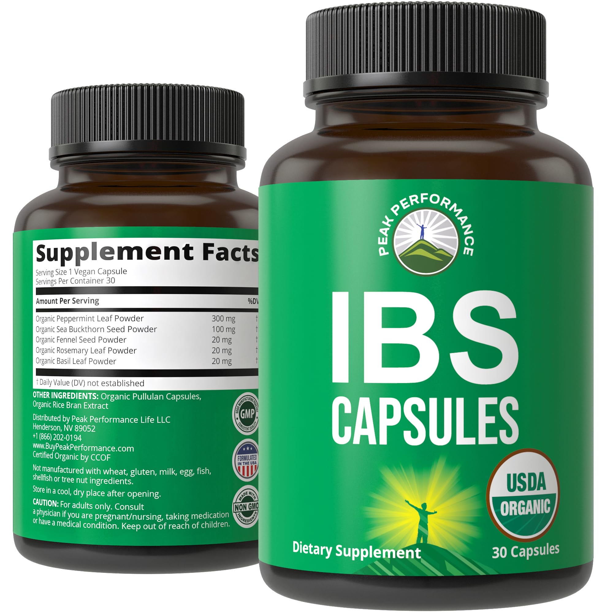 Peak Performance IBS Capsules – Bouteille avec gélules, soutien digestif léger.