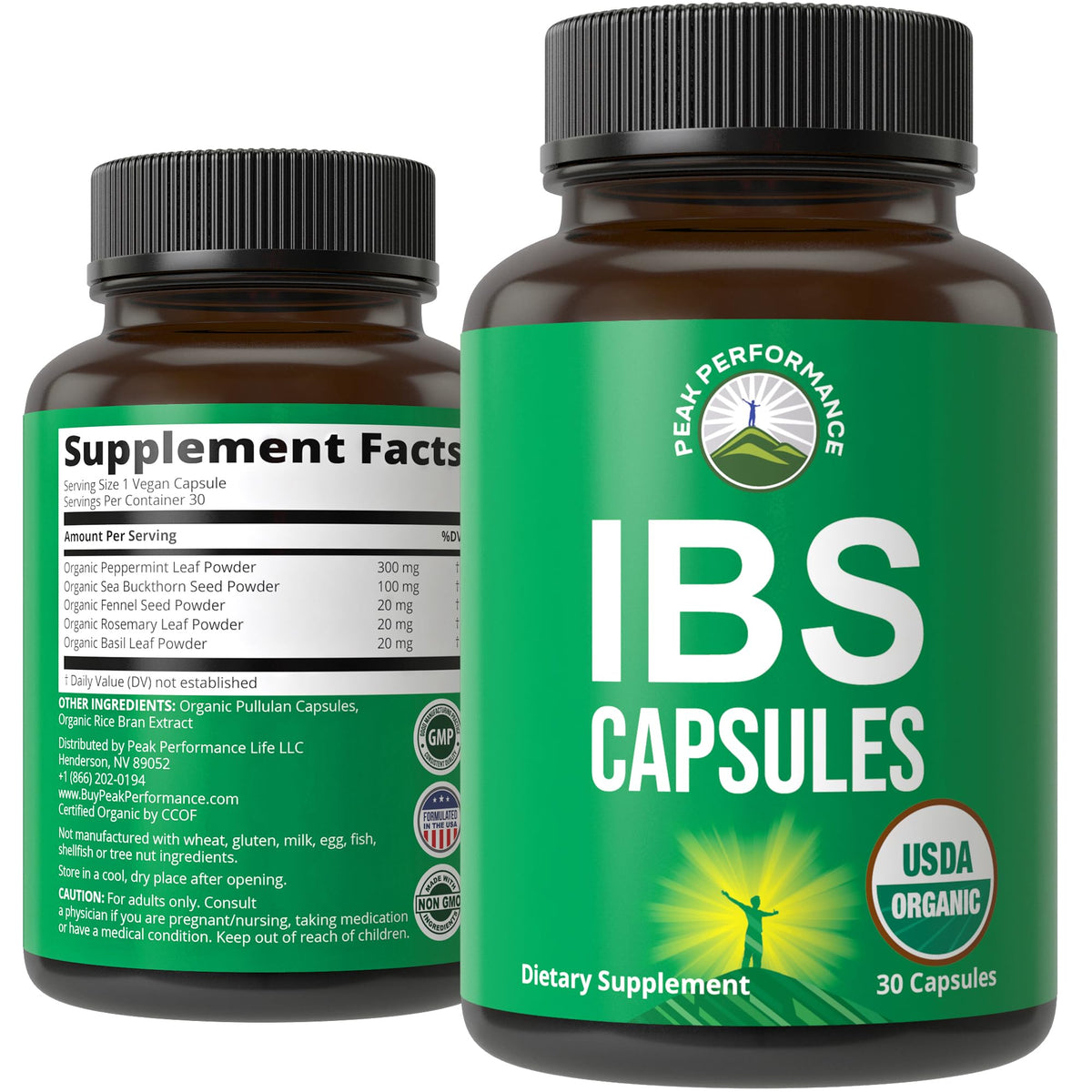 Peak Performance IBS Capsules – Bouteille avec gélules, soutien digestif léger.