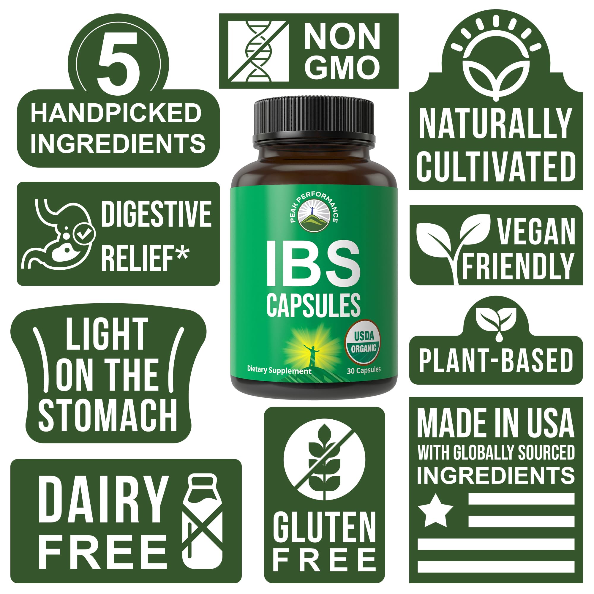 Peak Performance IBS Capsules – Étiquette claire et produit sans dérivés animaux.
