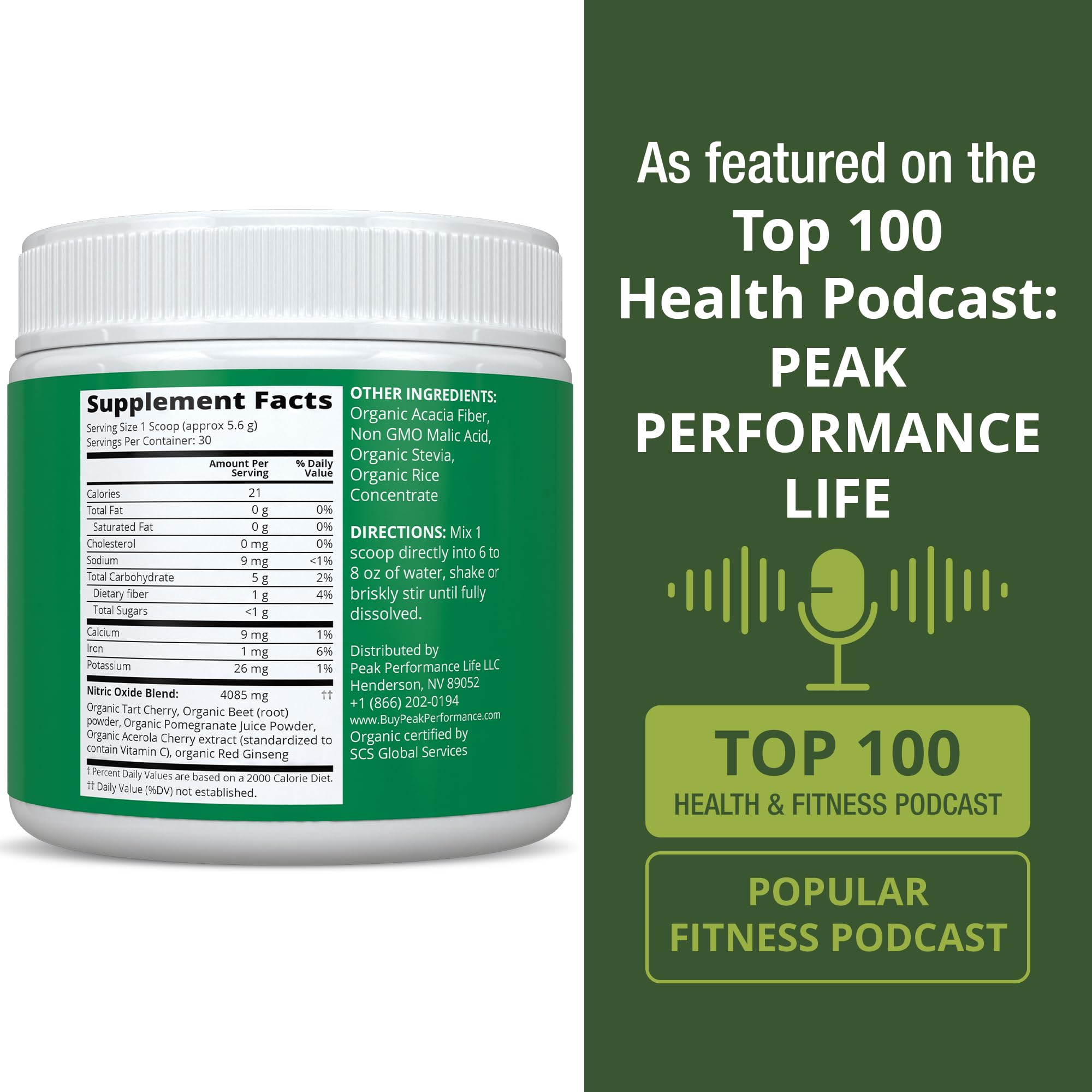 Peak Performance poudre nitrique acacia-fibre: formulation légère et digestive.