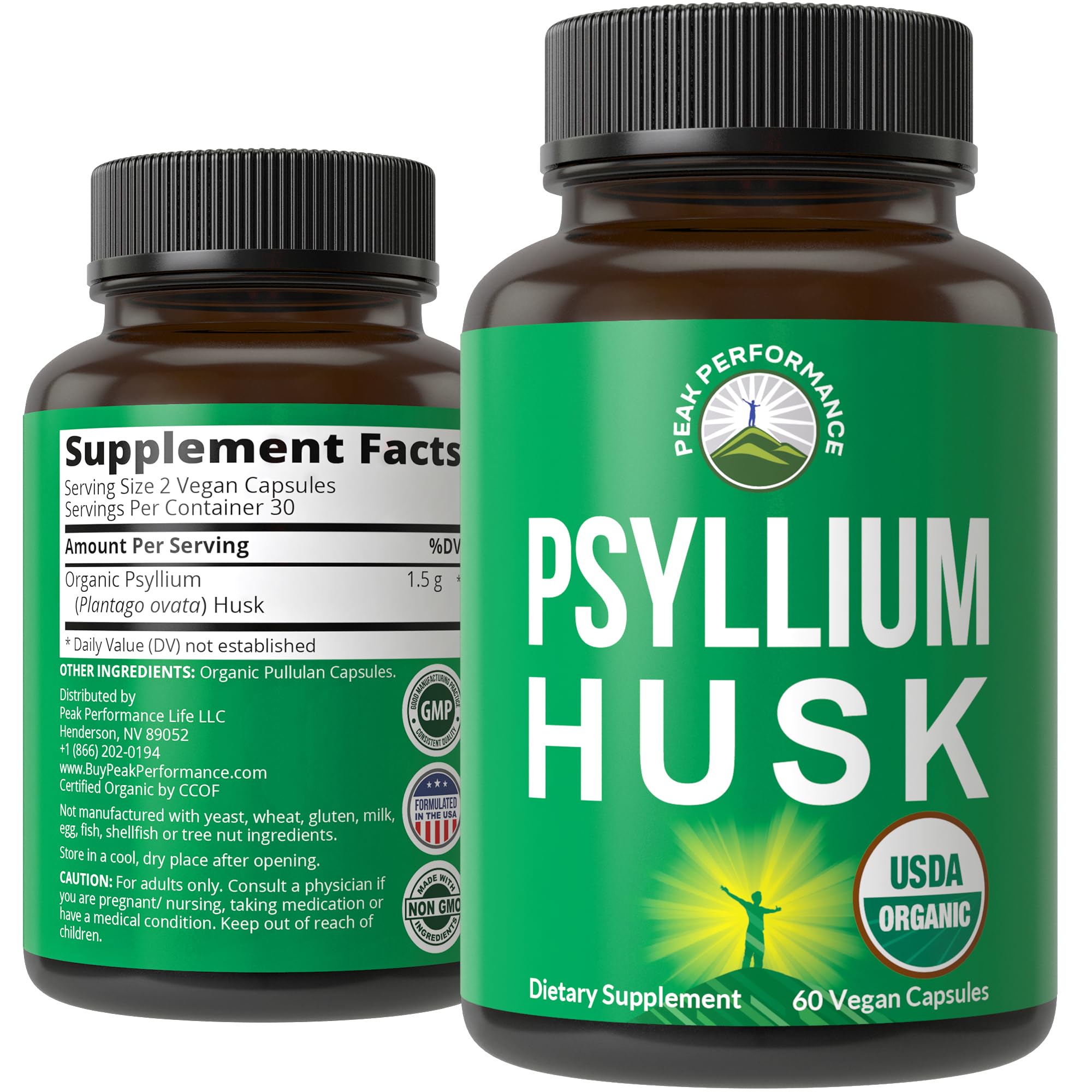 Gélules Peak Performance psyllium dans emballage, soutien potentiel au transit quotidien.