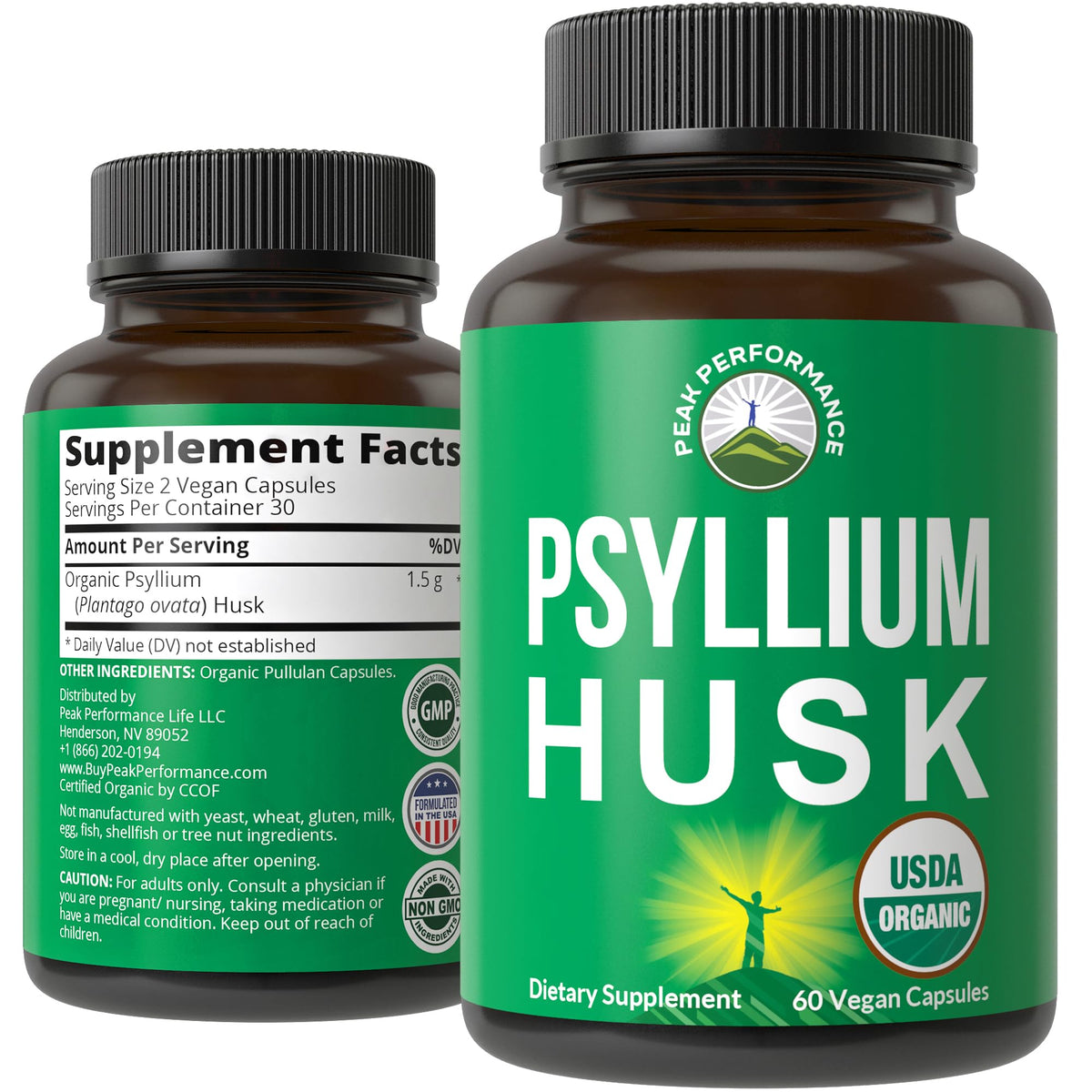 Gélules Peak Performance psyllium dans emballage, soutien potentiel au transit quotidien.