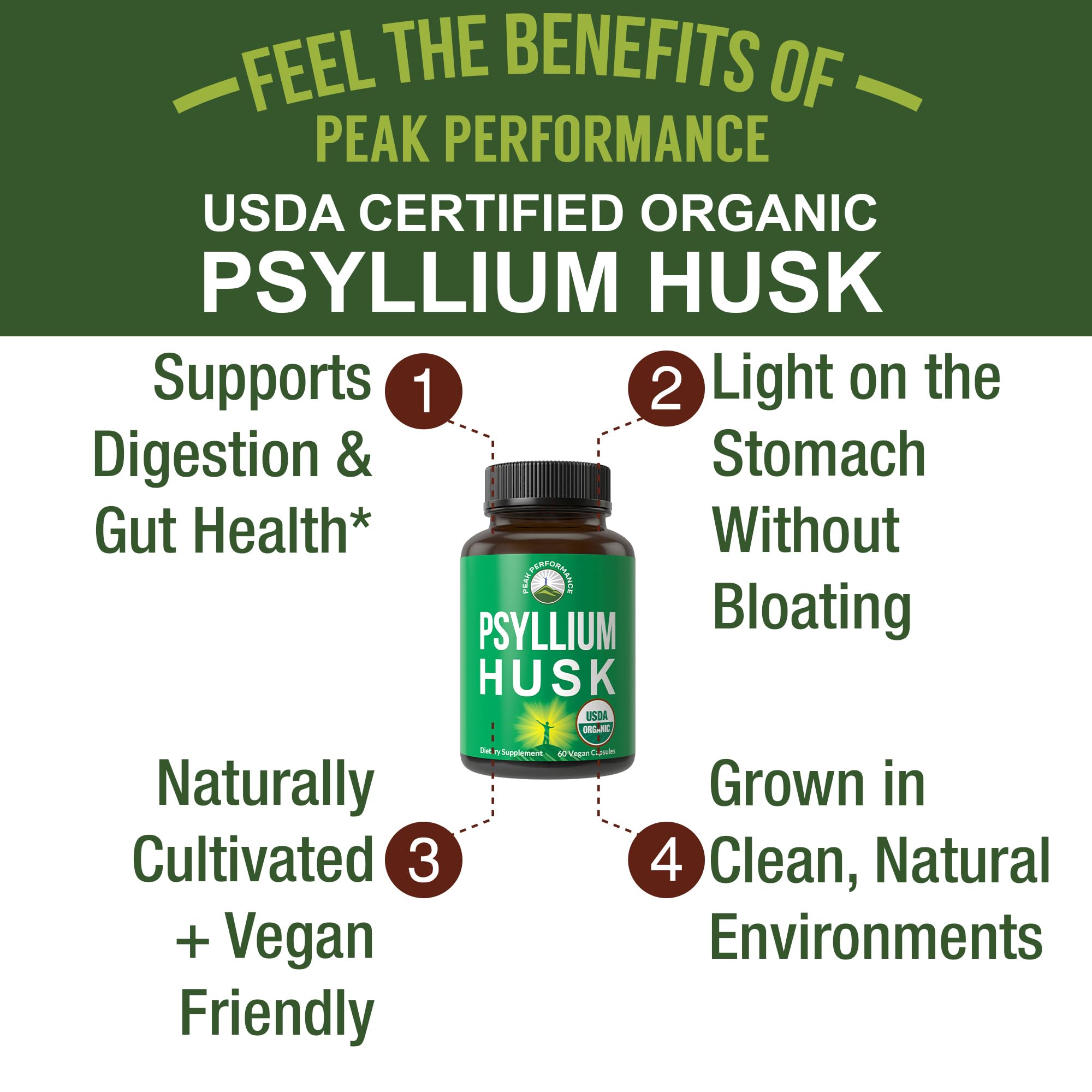 Capsules Peak Performance psyllium, forme gélules pratique à emporter.