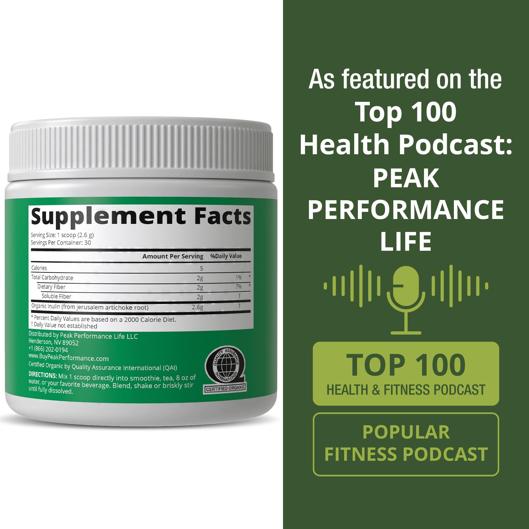 Peak Performance Sans Allergene Inuline Organique, adapté pour plusieurs régimes.