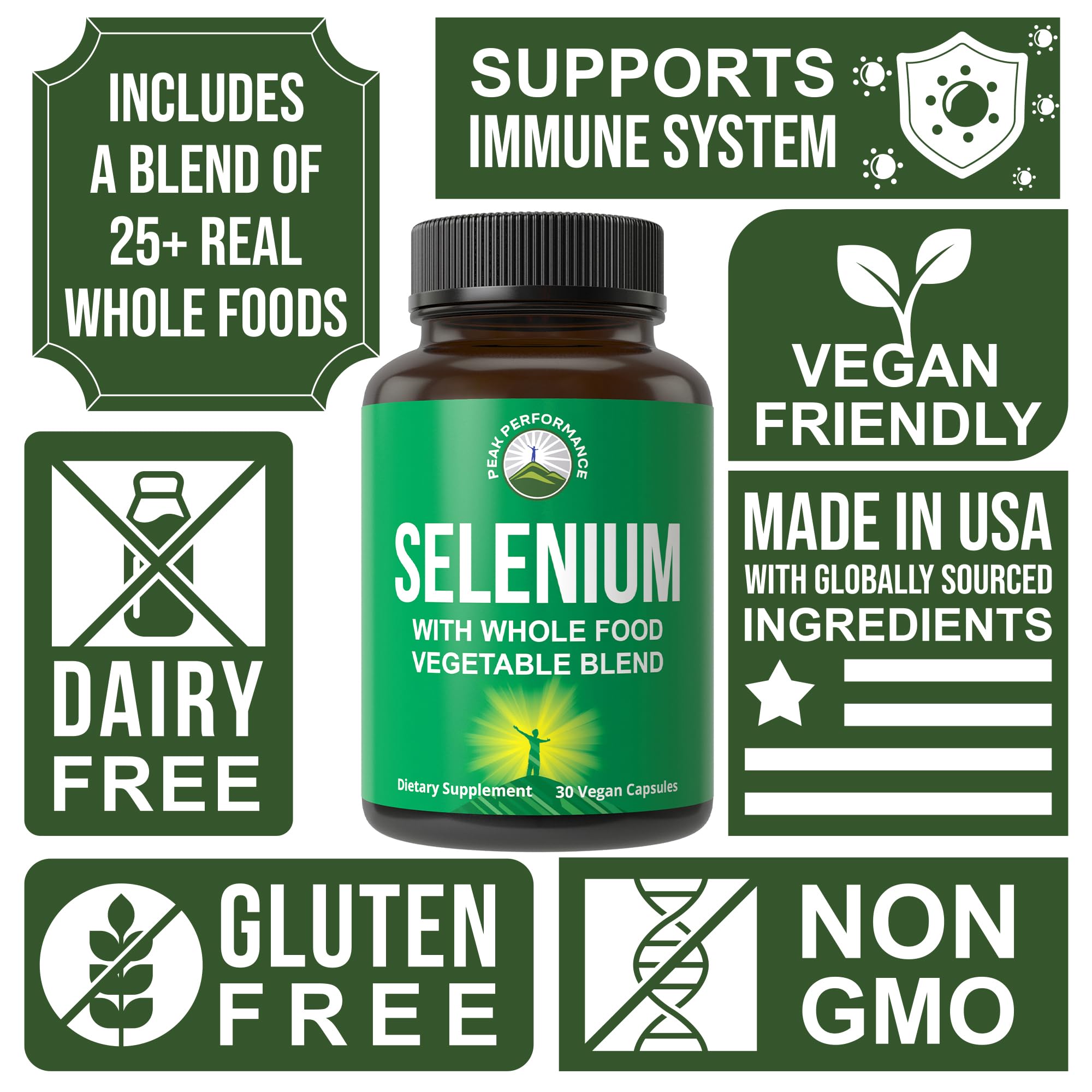 Formule sélénium Peak Performance avec absorption améliorée en capsules foncées.