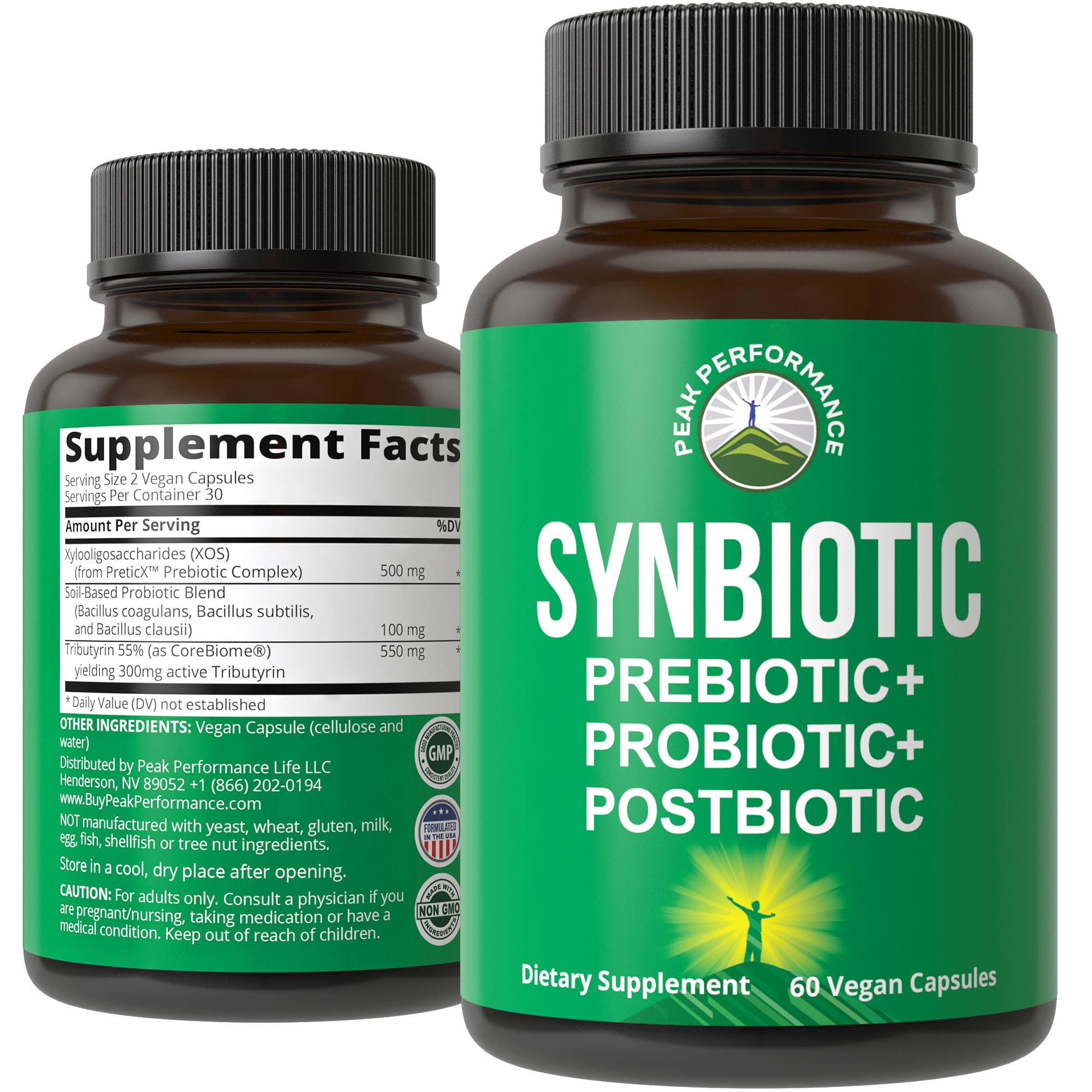 Peak Performance Synbiotic: bouteille vegan, soutien digestif quotidien et équilibre intestinal.