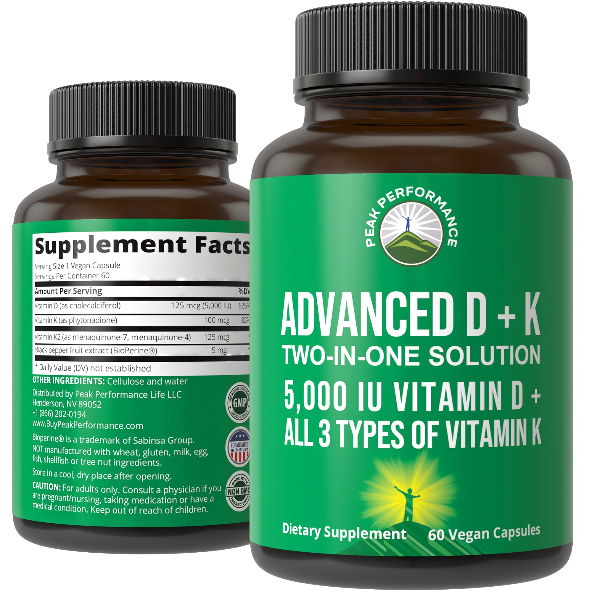 Peak Performance vitamine D 5000 UI bouteille montre le format pratique et la dose élevée.