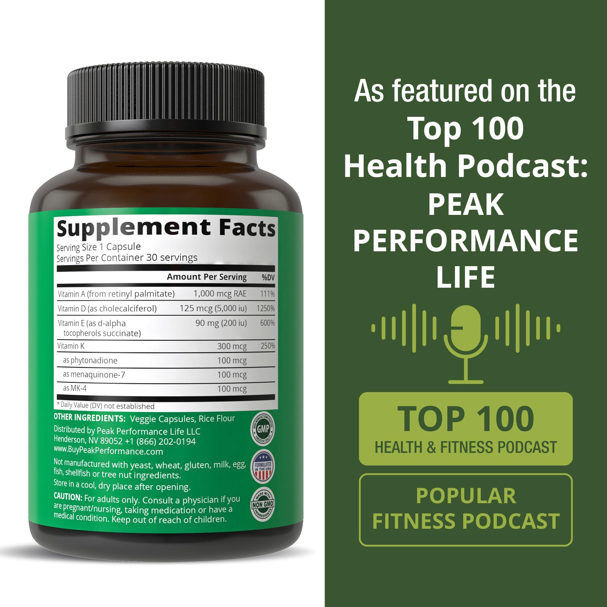 Peak Performance Vitamines: emballage clair et étiquette lisible pour une prise aisée
