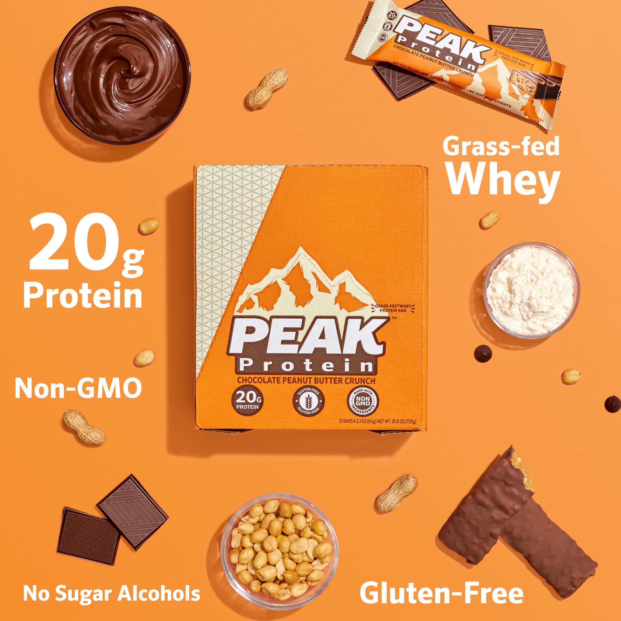 Texture barre Peak Protein Chocolat Beurre de Cacahuète Crunch, bouchée savoureuse.