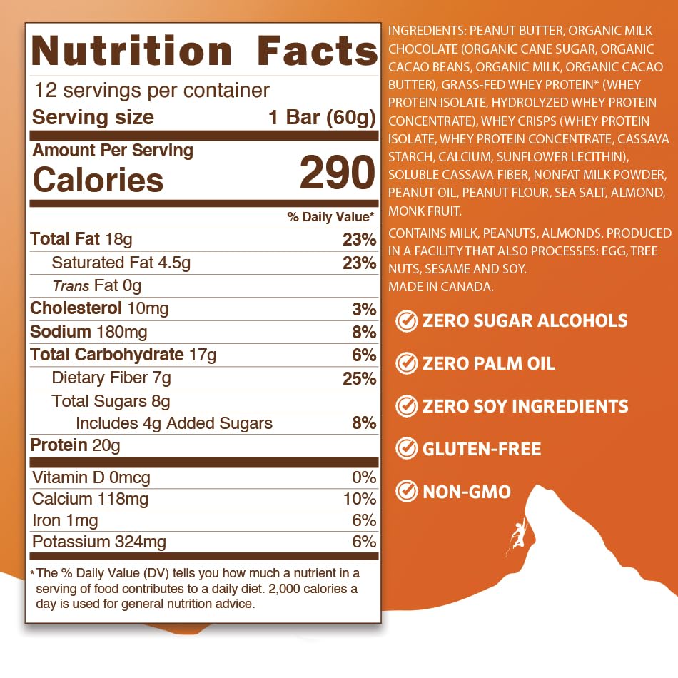 Ingrédients naturels Peak Protein, barre sans gluten et sans OGM, pour un encas équilibré.