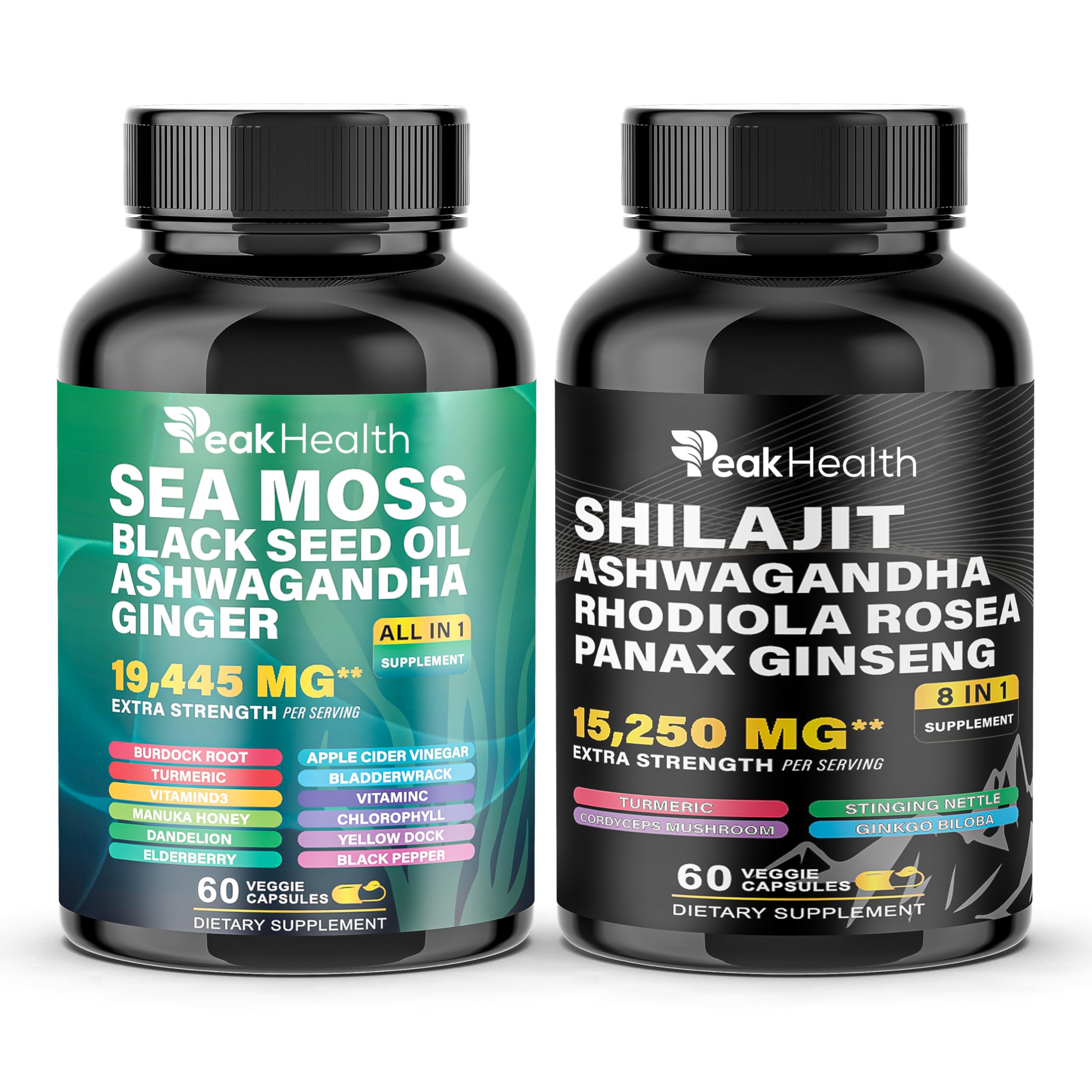 Peakhealth: bouteille-shilajit, capsules visibles, énergie quotidienne potentielle