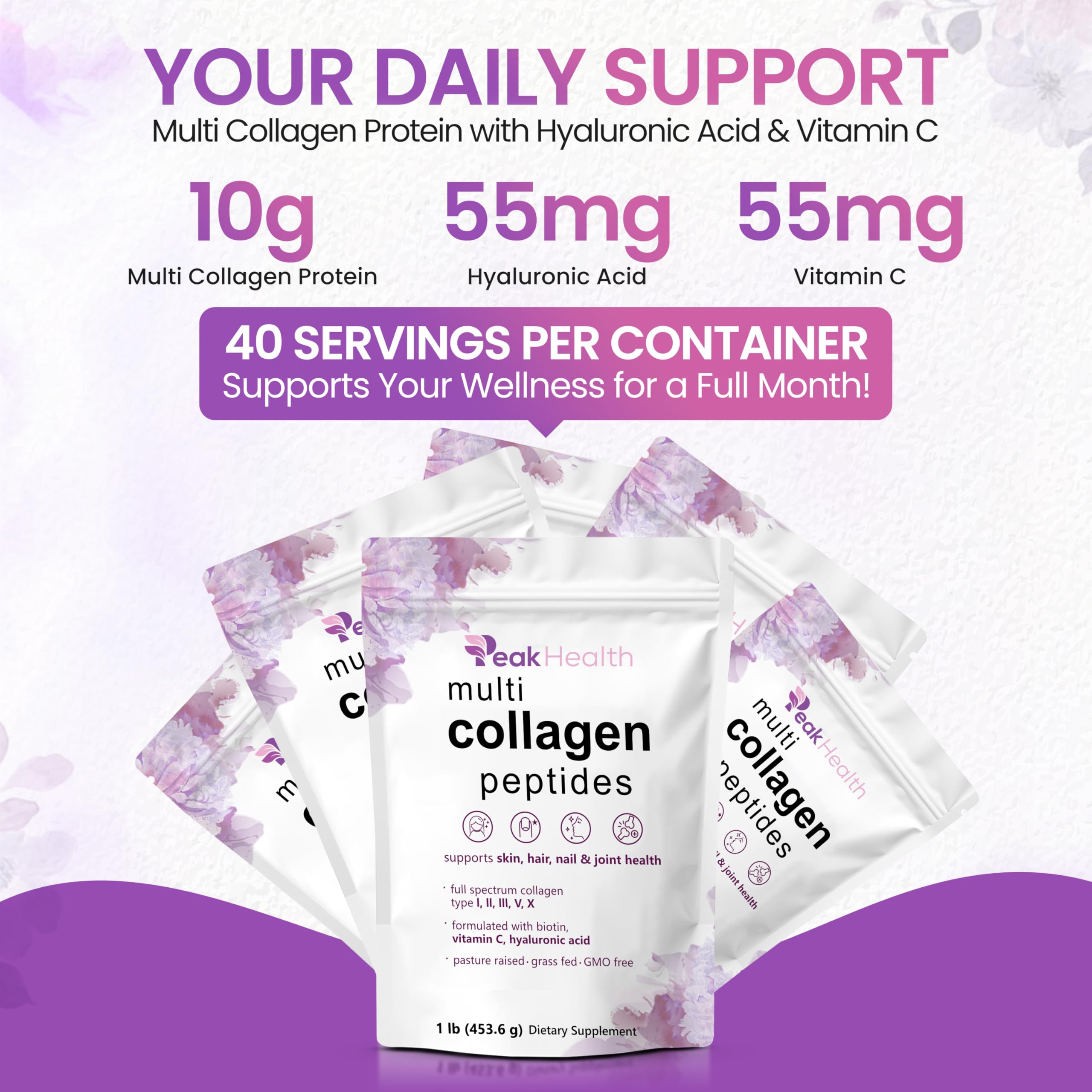 Peakhealth Poudre Collagène Multi avec hyaluronique et vitamine C pour hydratation et élasticité cutanée.