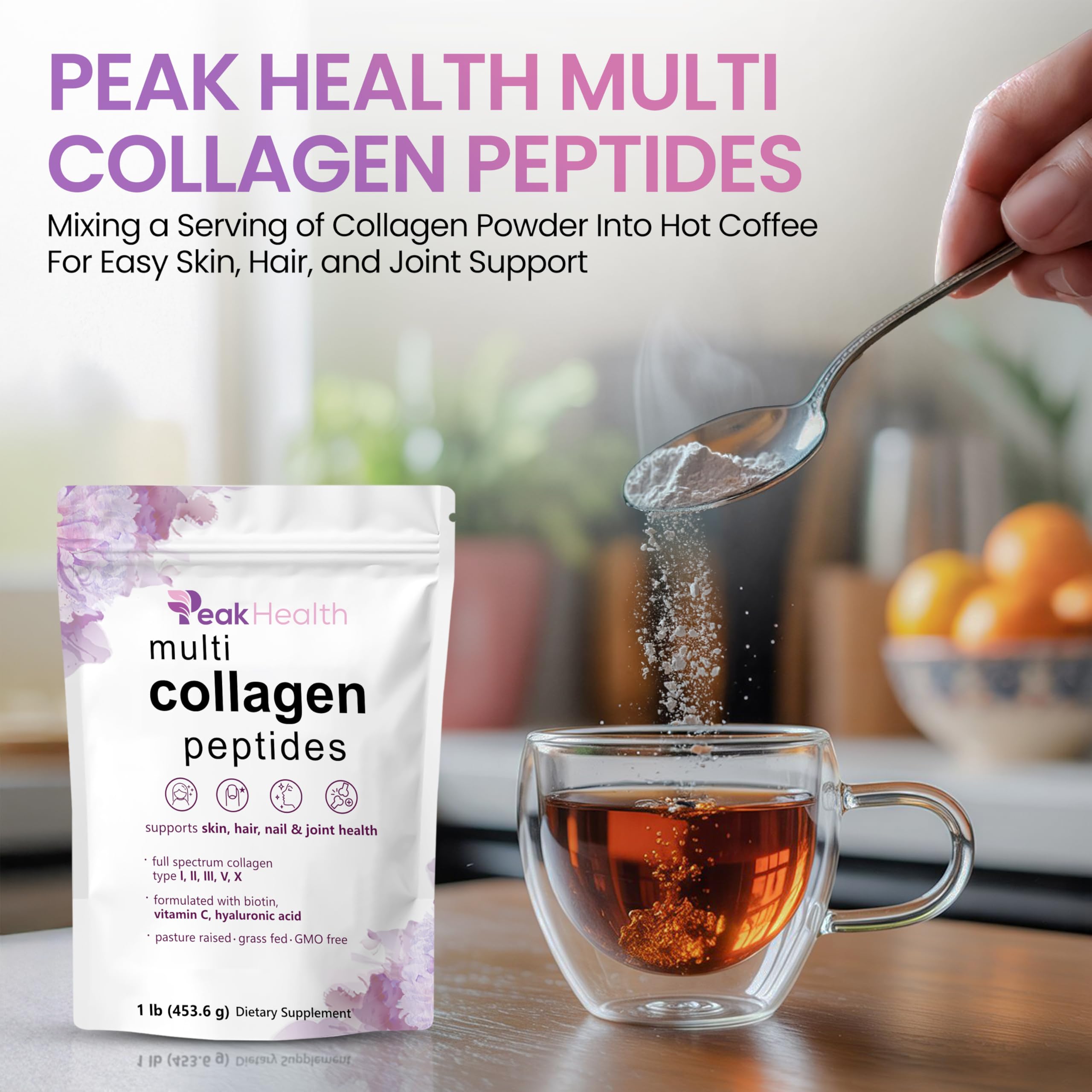 Peakhealth Poudre Collagène Multi – ingrédients variés pour soutien peau, cheveux et articulations.