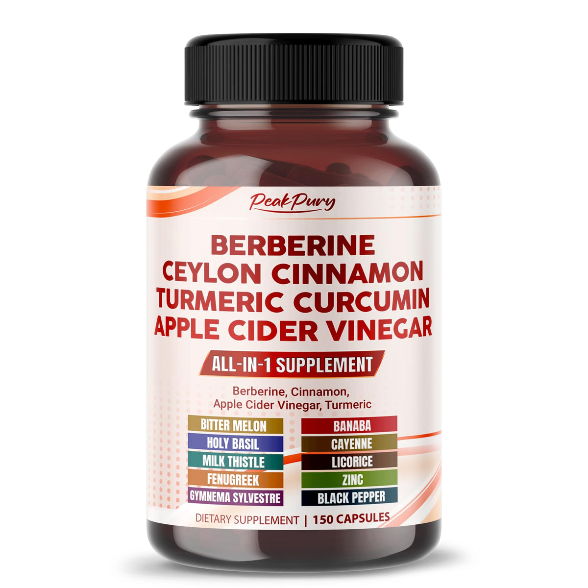 PeakPury berbérine cannelle vinaigre de cidre curcuma – bouteille prête à soutenir le bien-être.