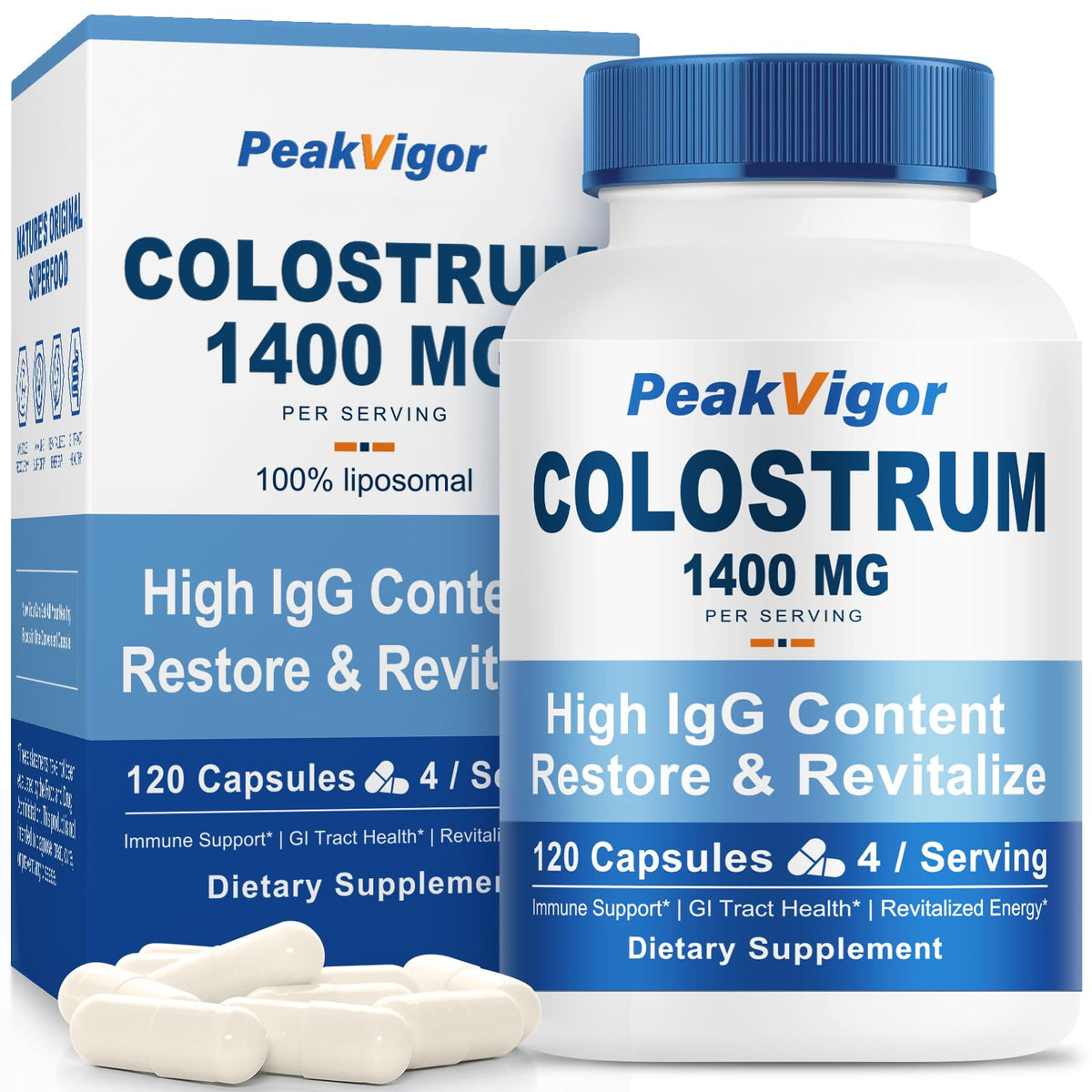 PeakVigor Colostrum bovin bio – bouteille de capsules prête à l'emploi pour le soutien immunitaire