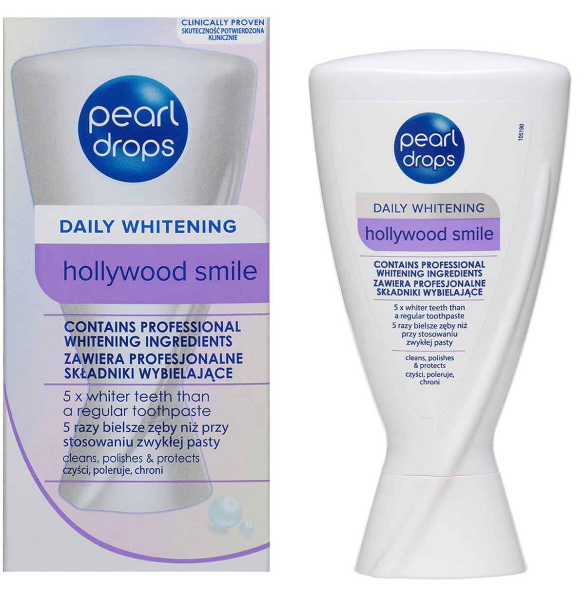 Pearl Drops Hollywood Smile, dentifrice éclaircissant, pour un sourire frais et jusqu’à deux teintes plus blanches.