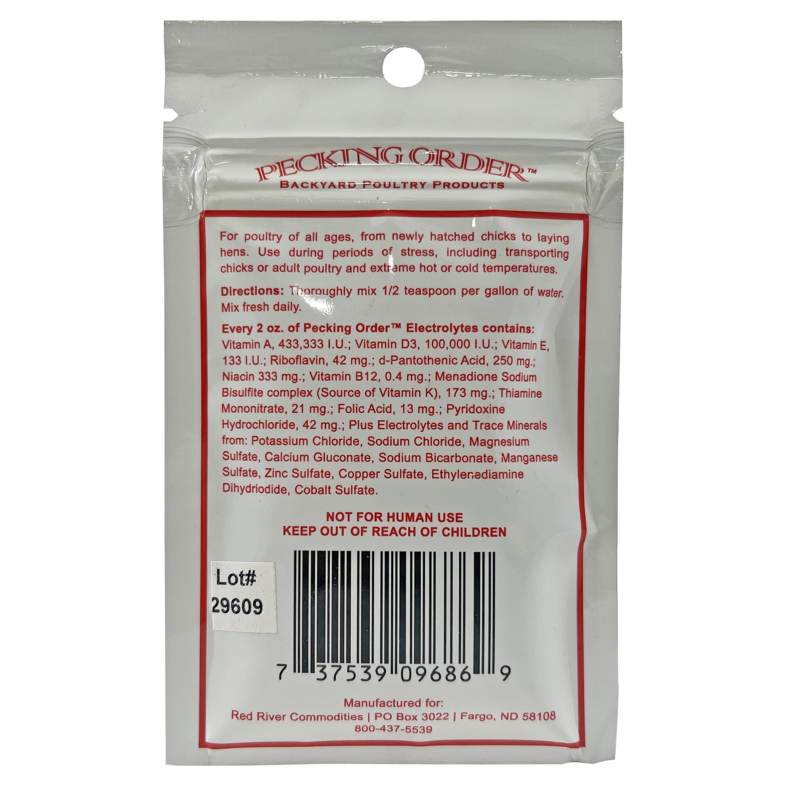 Pecking Order Électrolytes doseuse, dosage simple pour mélanger quotidiennement avec l'eau.
