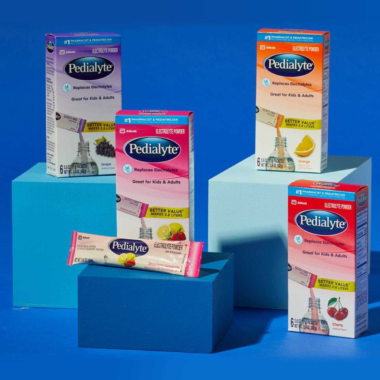 Format poudre pratique pour sac à dos avec Pedialyte électrolyte.