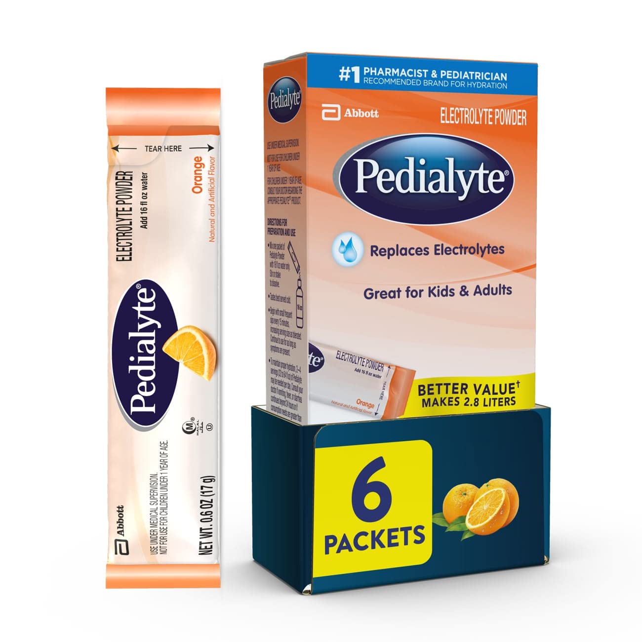 Pedialyte poudre électrolyte dans un sachet prêt à mélanger pour hydratation rapide.
