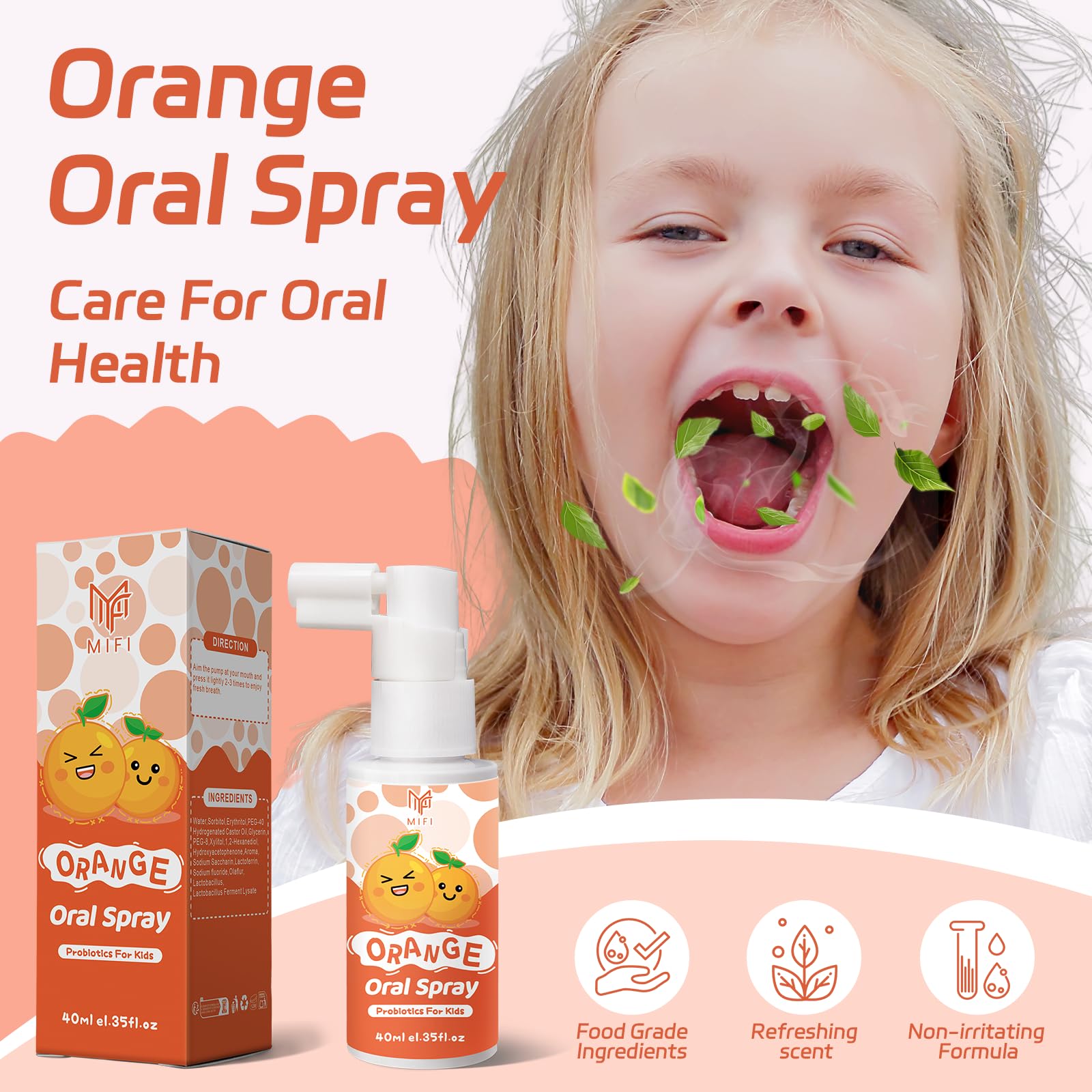PEGO sans alcool et sans conservateurs orange, formulation sûre pour jeunes enfants.