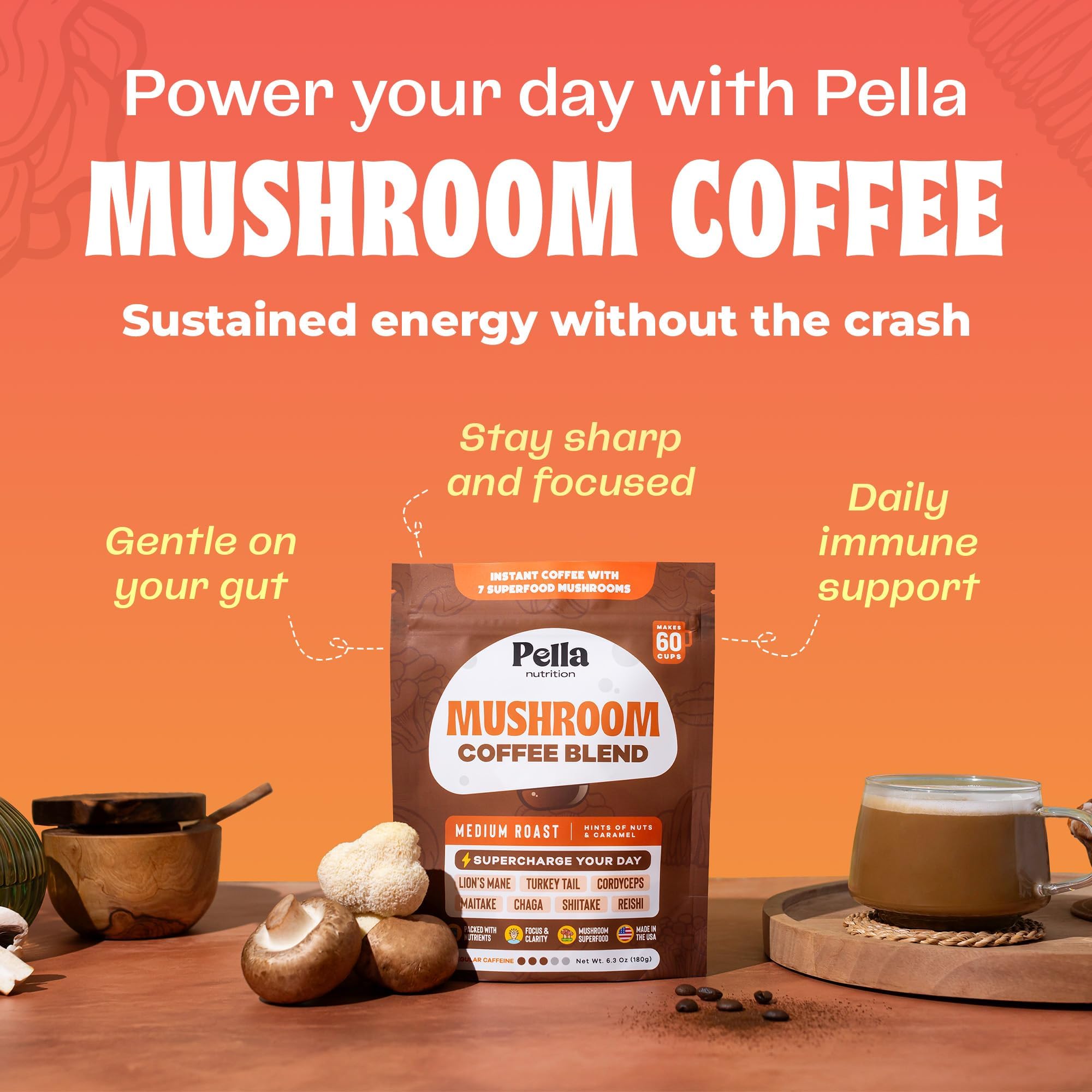 Pella Nutrition Café champignons — chaga, énergie naturelle et équilibrée.