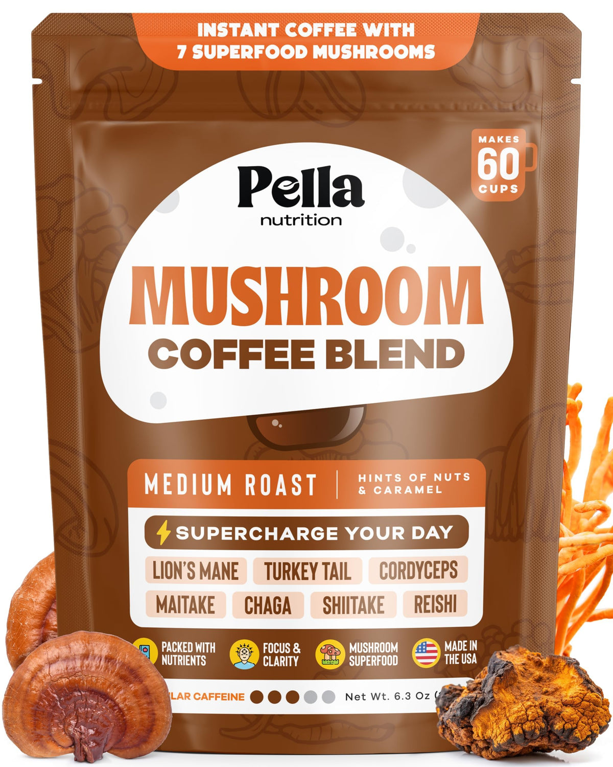 Pella Nutrition Café champignons — crinière de lion pour concentration soutenue.