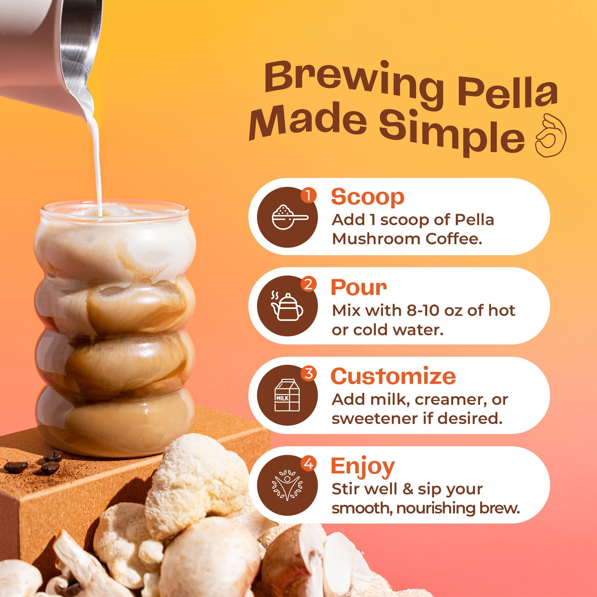 Pella Nutrition Café champignons — énergie et concentration pour journées actives.