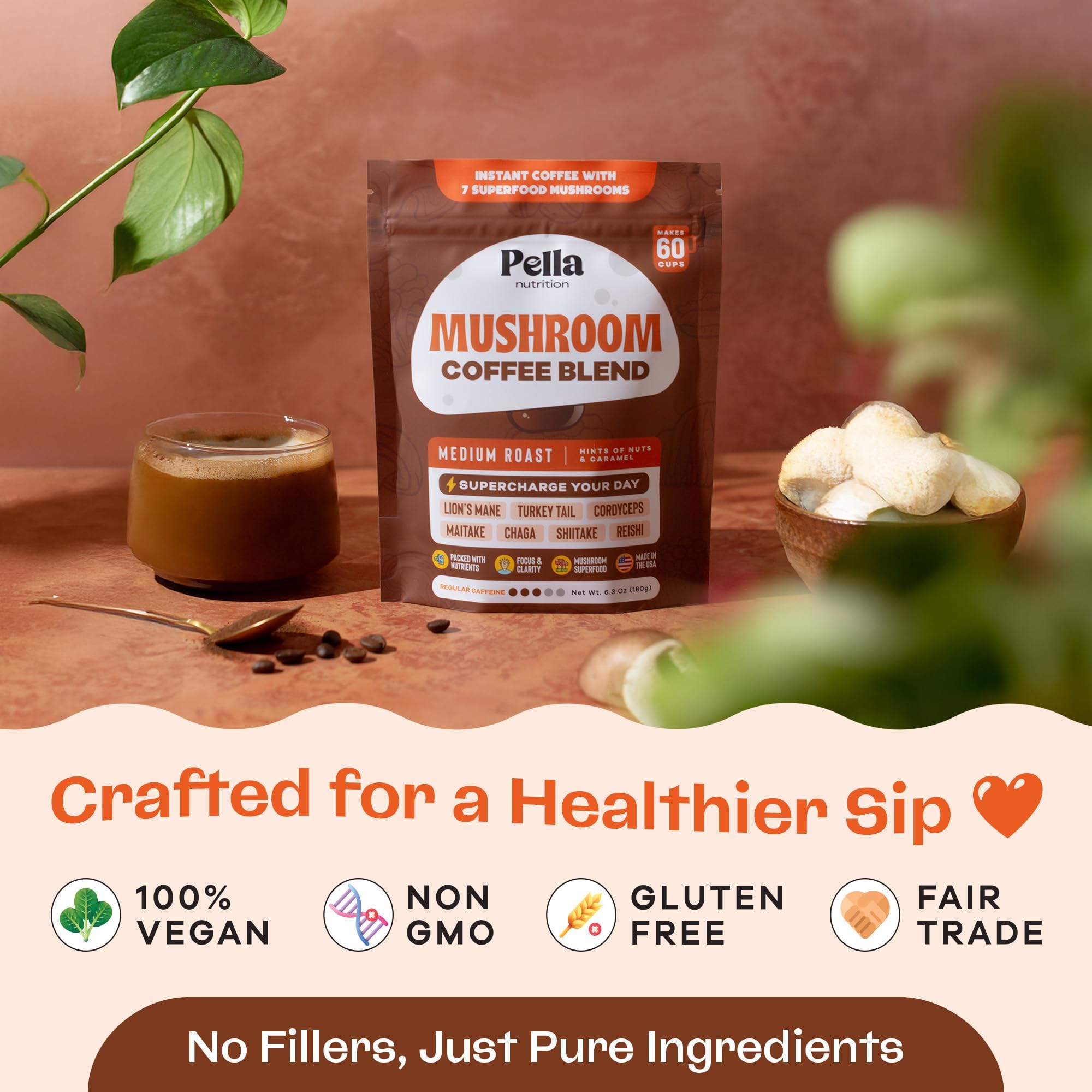 Pella Nutrition Café champignons — tramète versicolore pour une touche naturelle enrichissante.