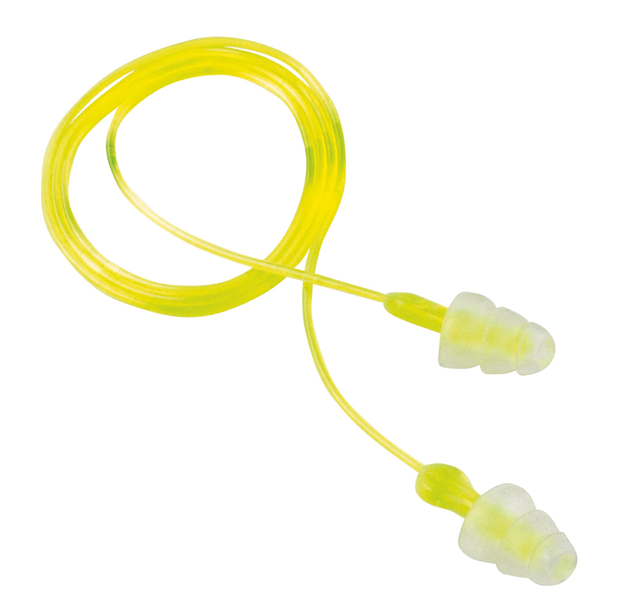 Bouchons d'oreilles Peltor Sport tri-flange à corde neon jaune portés avec un chapeau.