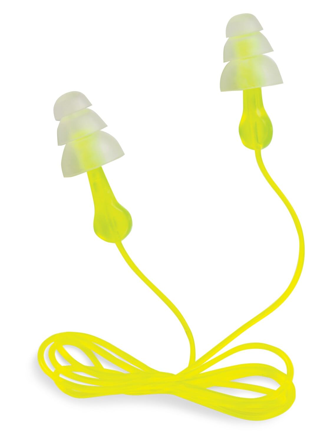 Gros plan sur les bouchons Peltor Sport tri-flange à corde neon jaune.