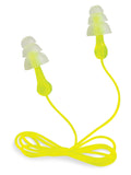 Gros plan sur les bouchons Peltor Sport tri-flange à corde neon jaune.