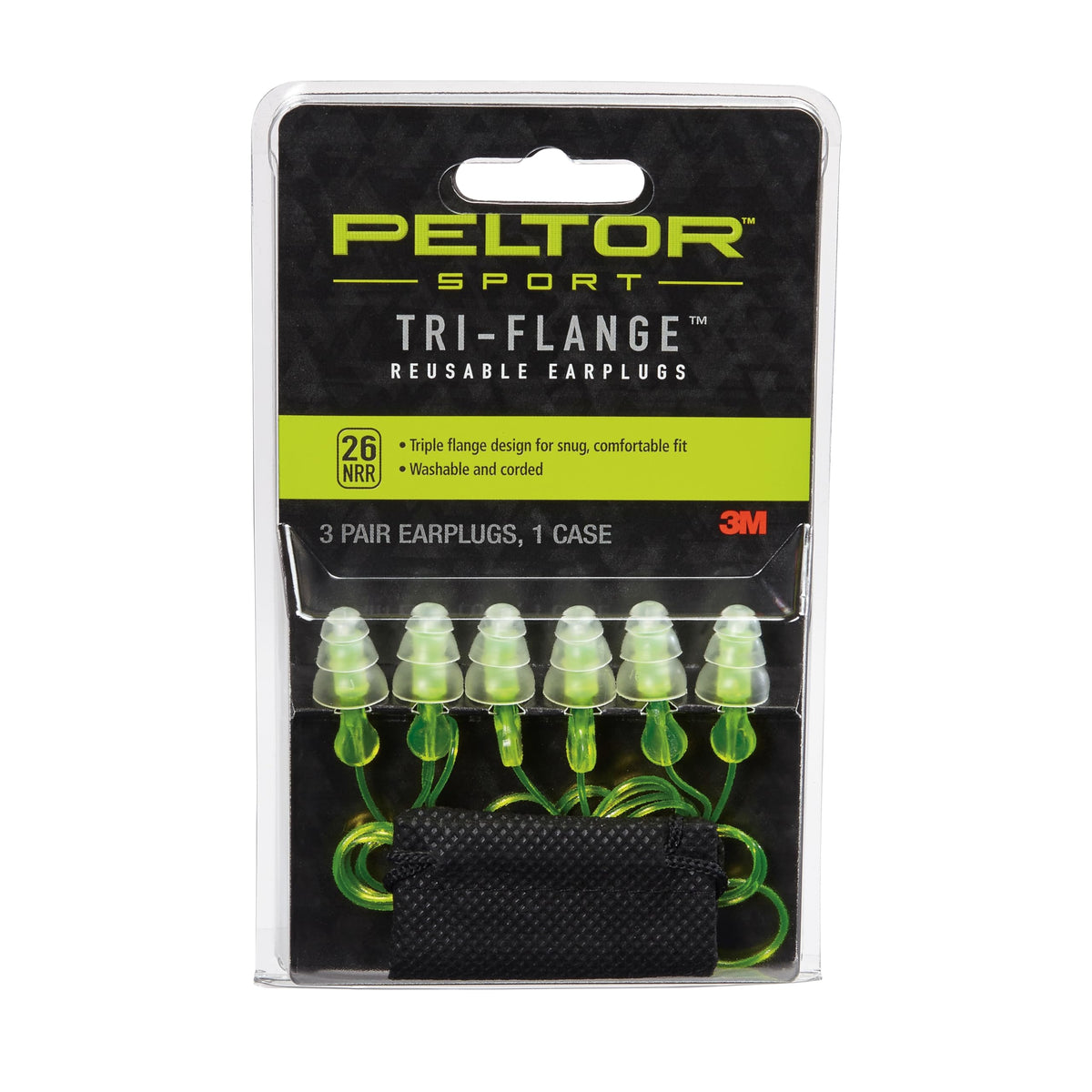 Bouchons d'oreilles Peltor Sport tri-flange à corde neon jaune pour protection auditive pratique.