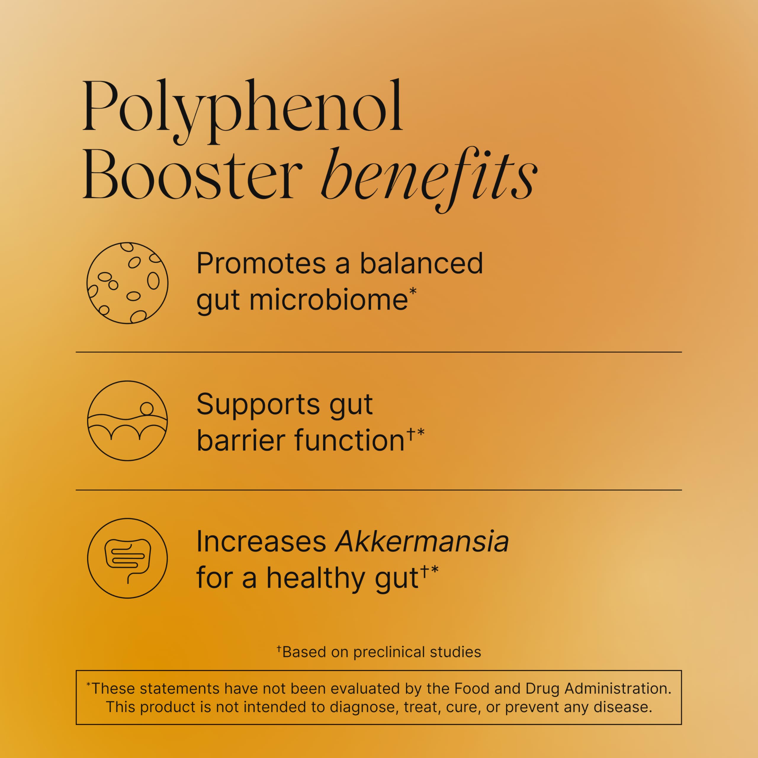 Étiquette Pendulum Polyphenol Booster – design clair et informations sur sans OGM et sécurité.