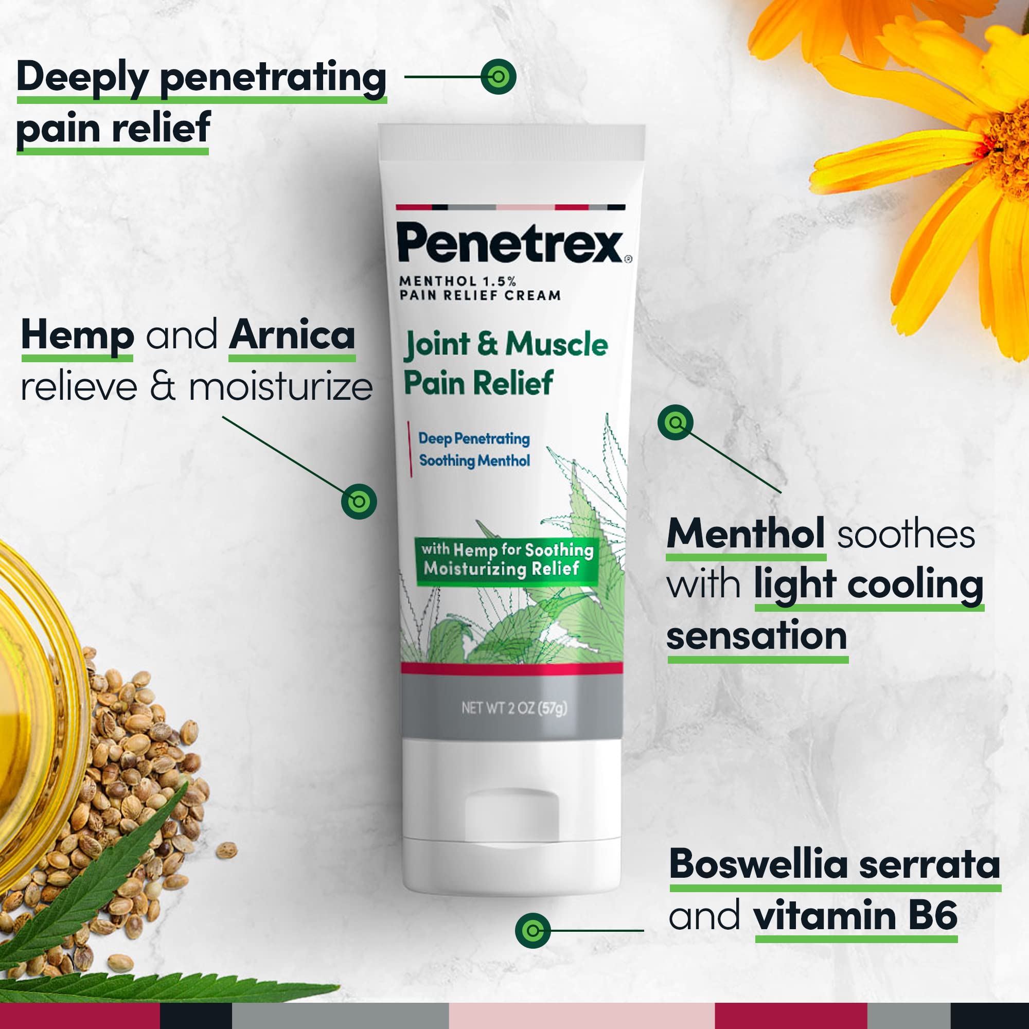 Penetrex Crème relief muscles avec Arnica et Chanvre pour hydratation apaisante.