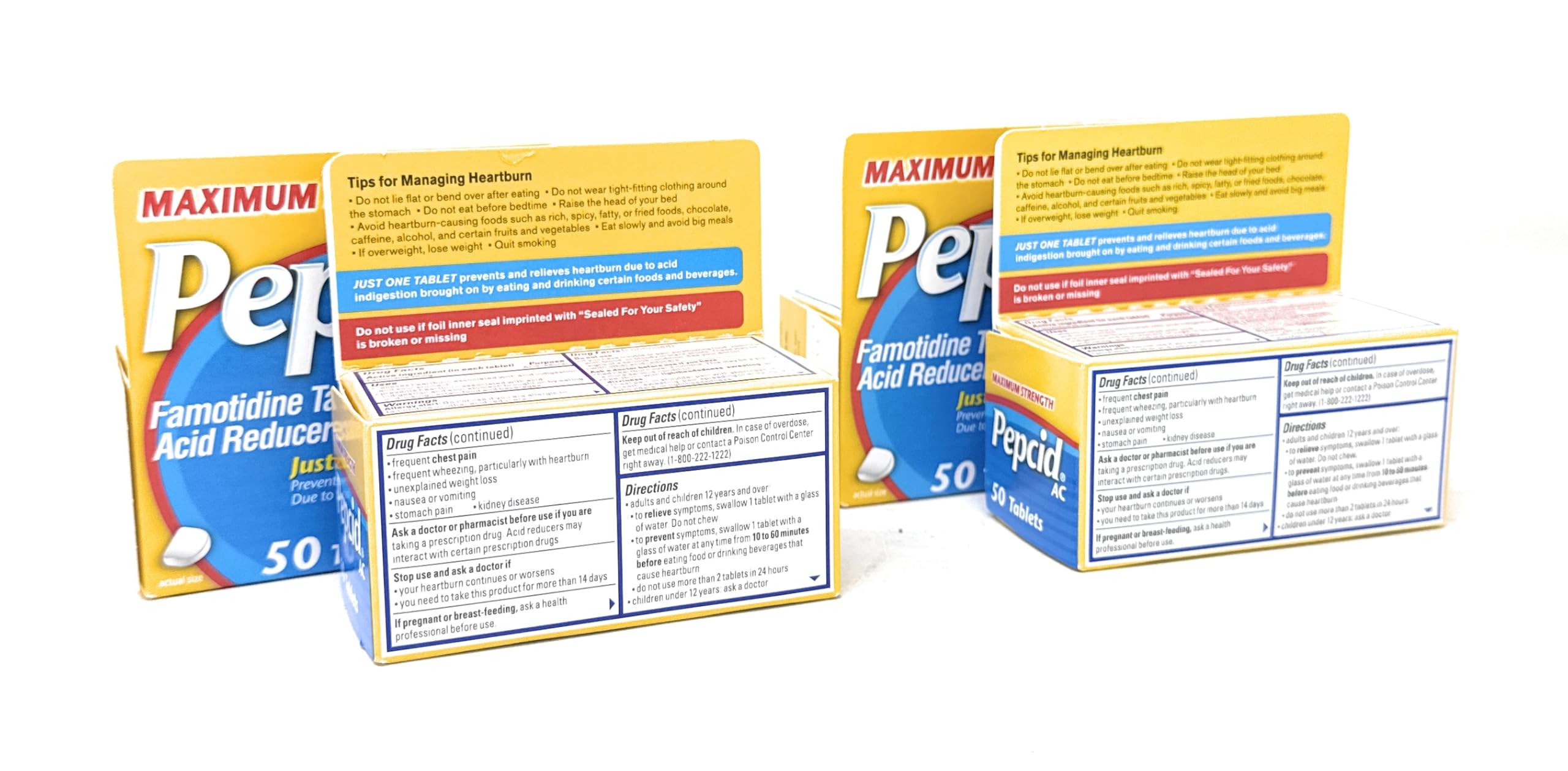 Pepcid AC étiquette recto, informations claires sur le dosage.