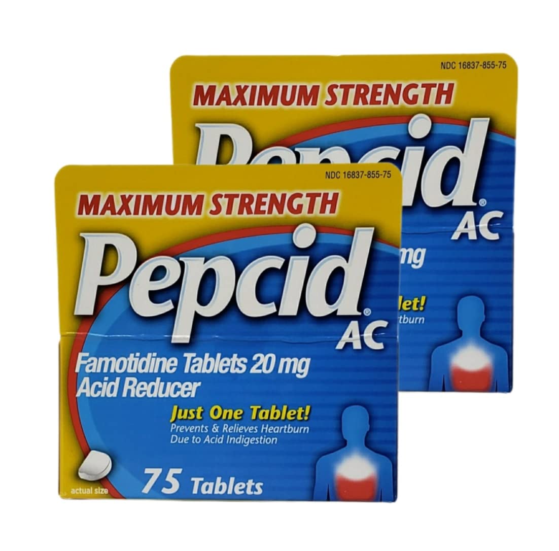 Pepcid AC Max Strength montrant le pack double avec 2 boîtes et 75 tablettes chacune, pratique.