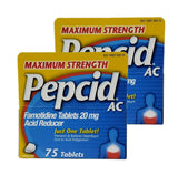 Pepcid AC Max Strength montrant le pack double avec 2 boîtes et 75 tablettes chacune, pratique.