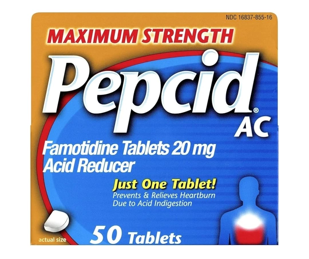 Pepcid AC, emballage pratique pour un usage quotidien contre les brûlures d'estomac.