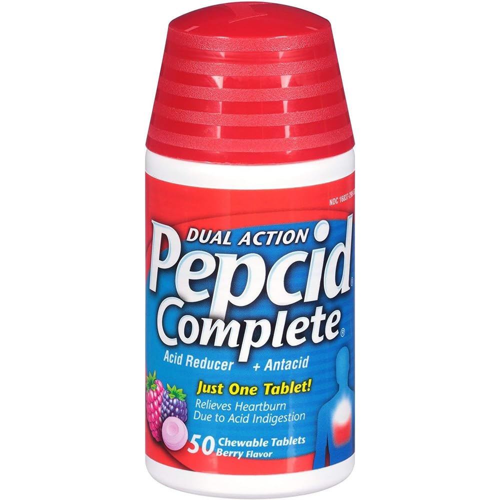 Pepcid Complete arôme framboise, comprimés à mâcher dans une boîte, pratique après les repas