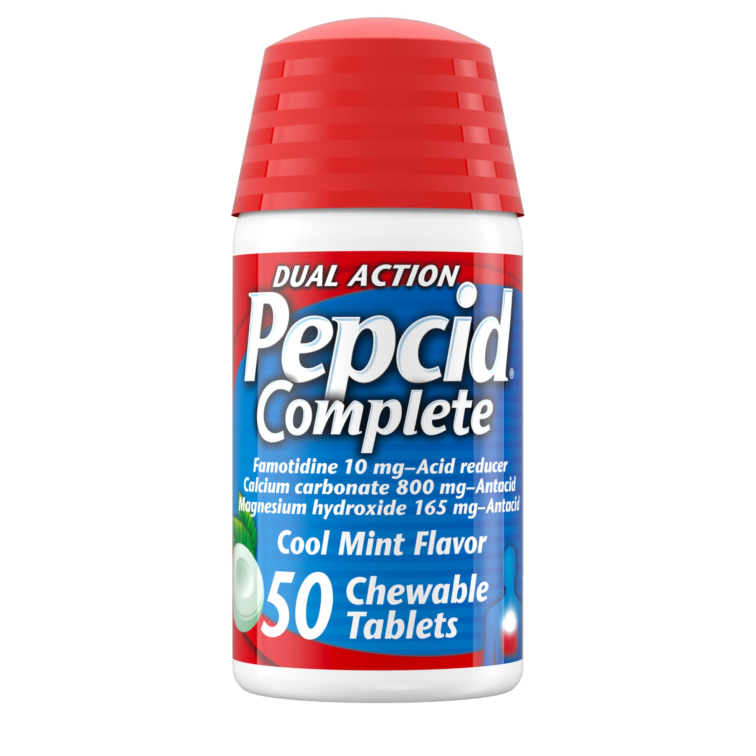 Pepcid Complete bouteille de comprimés mâchables menthe, soulagement rapide et durable après un repas