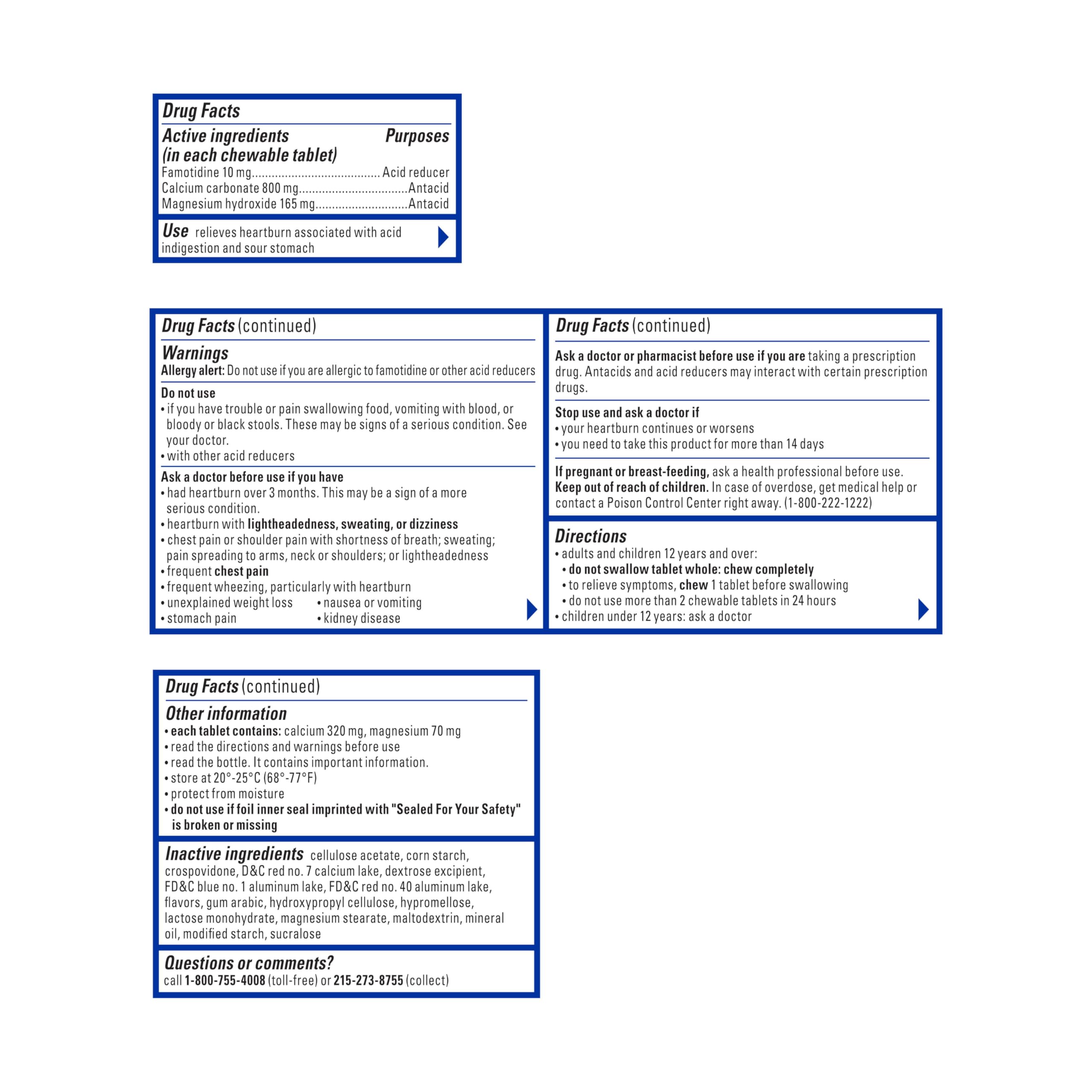 Étiquette indiquant le dosage 10 mg famotidine pour Pepcid Complete.