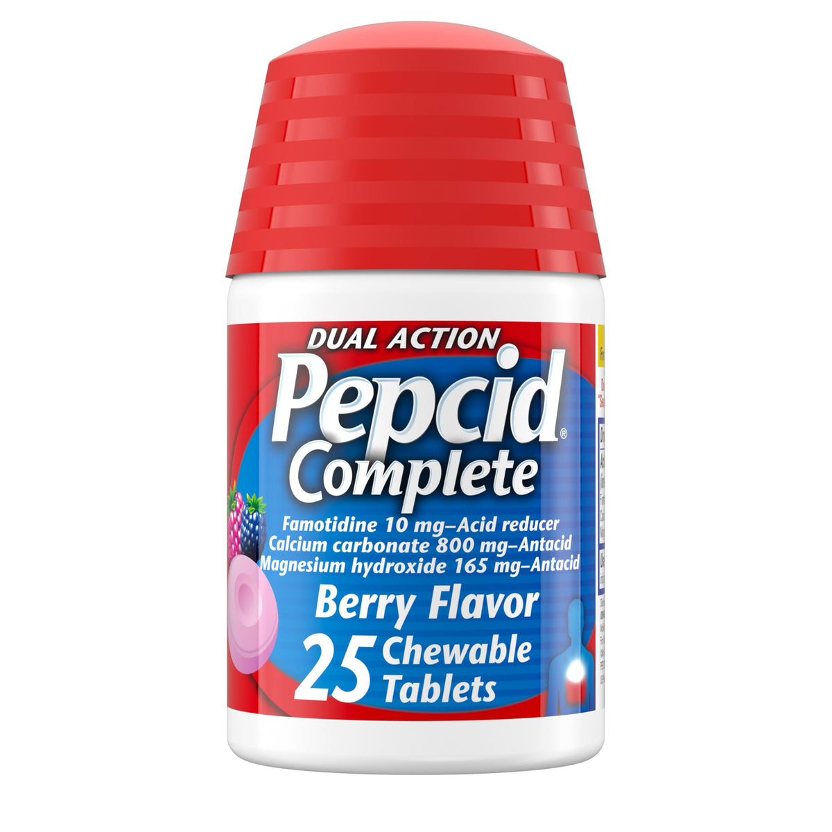 Pepcid Complete emballage cerise 25 comprimés, pratique à la maison pour le quotidien.