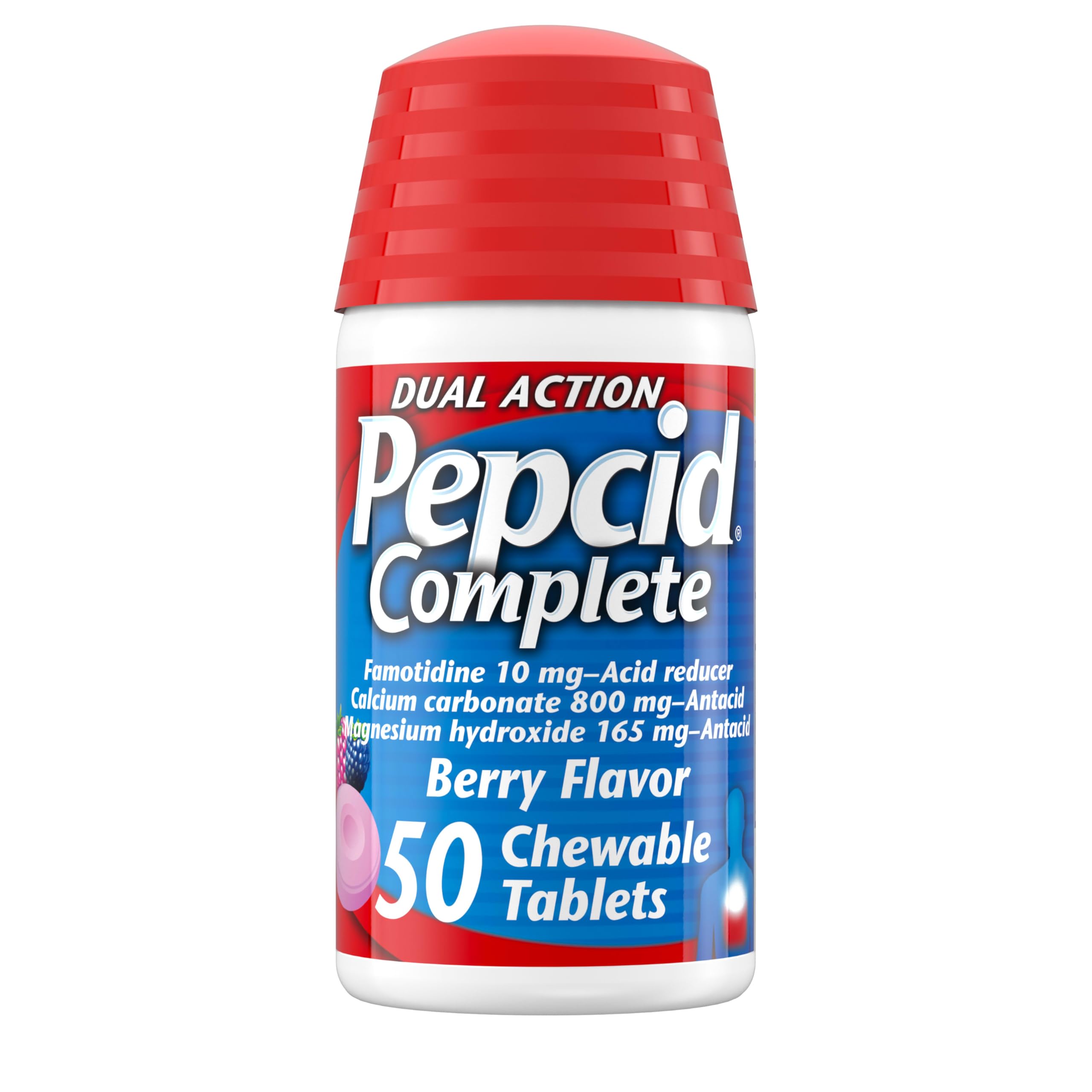 Pepcid Complete flacon 50 tablettes, format pratique pour soulager l'inconfort rapidement.