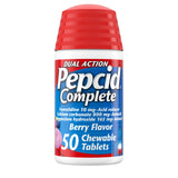 Pepcid Complete flacon 50 tablettes, format pratique pour soulager l'inconfort rapidement.