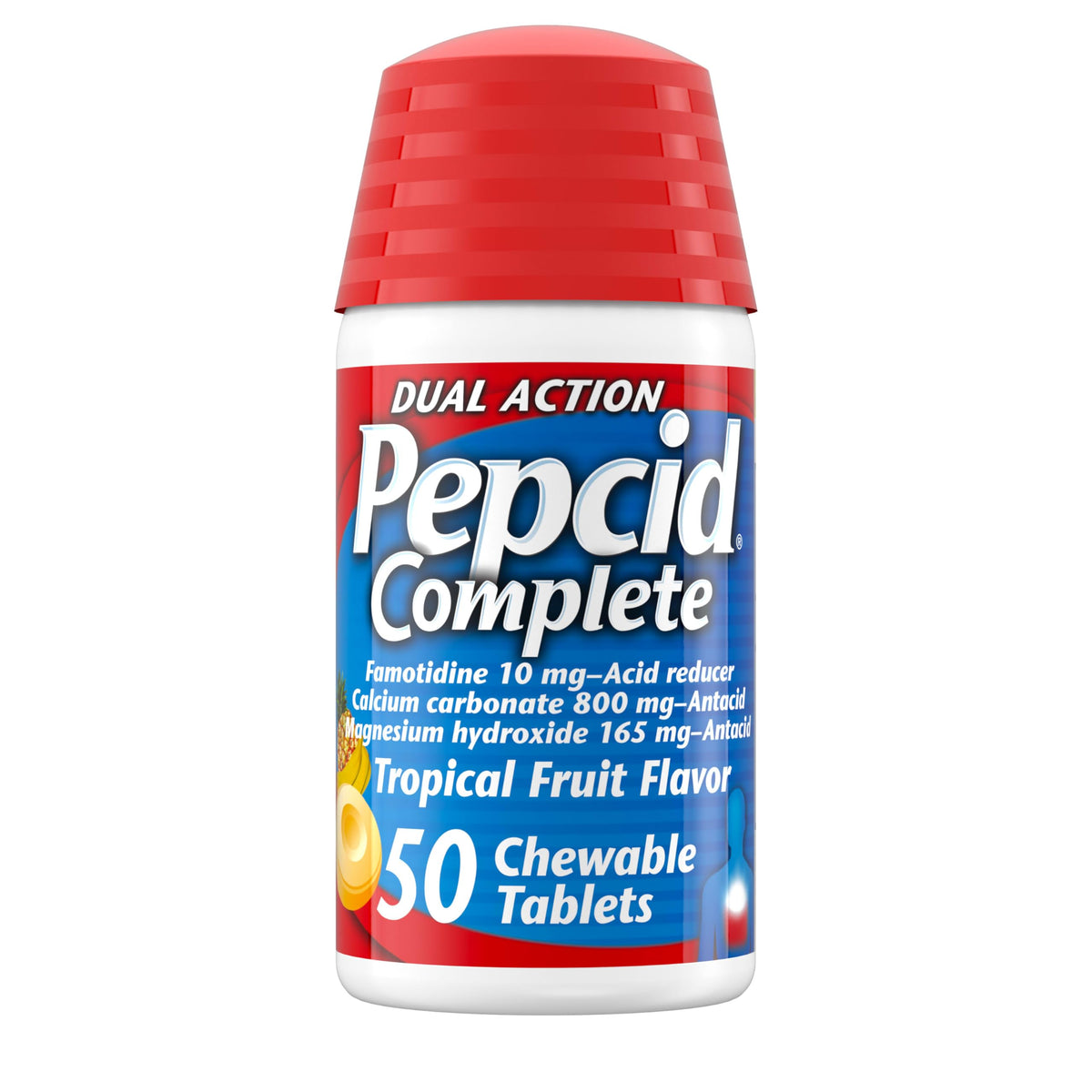 Pepcid Complete tablettes masticables goût tropical bouteille 50 comprimés, aide potentielle contre l'acidité.