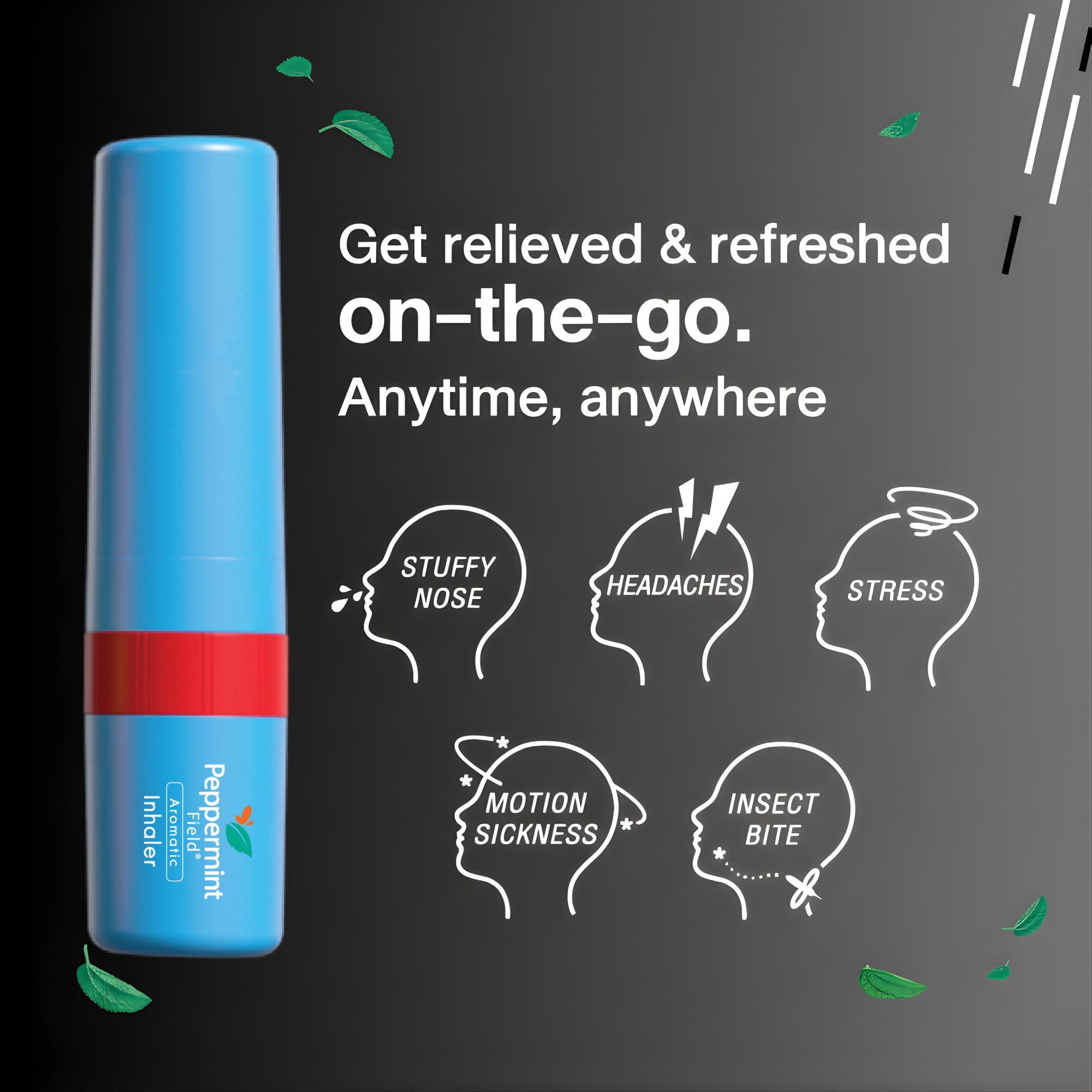 Peppermint Field inhalateur nasal noir peut être appliqué sur les tempes.